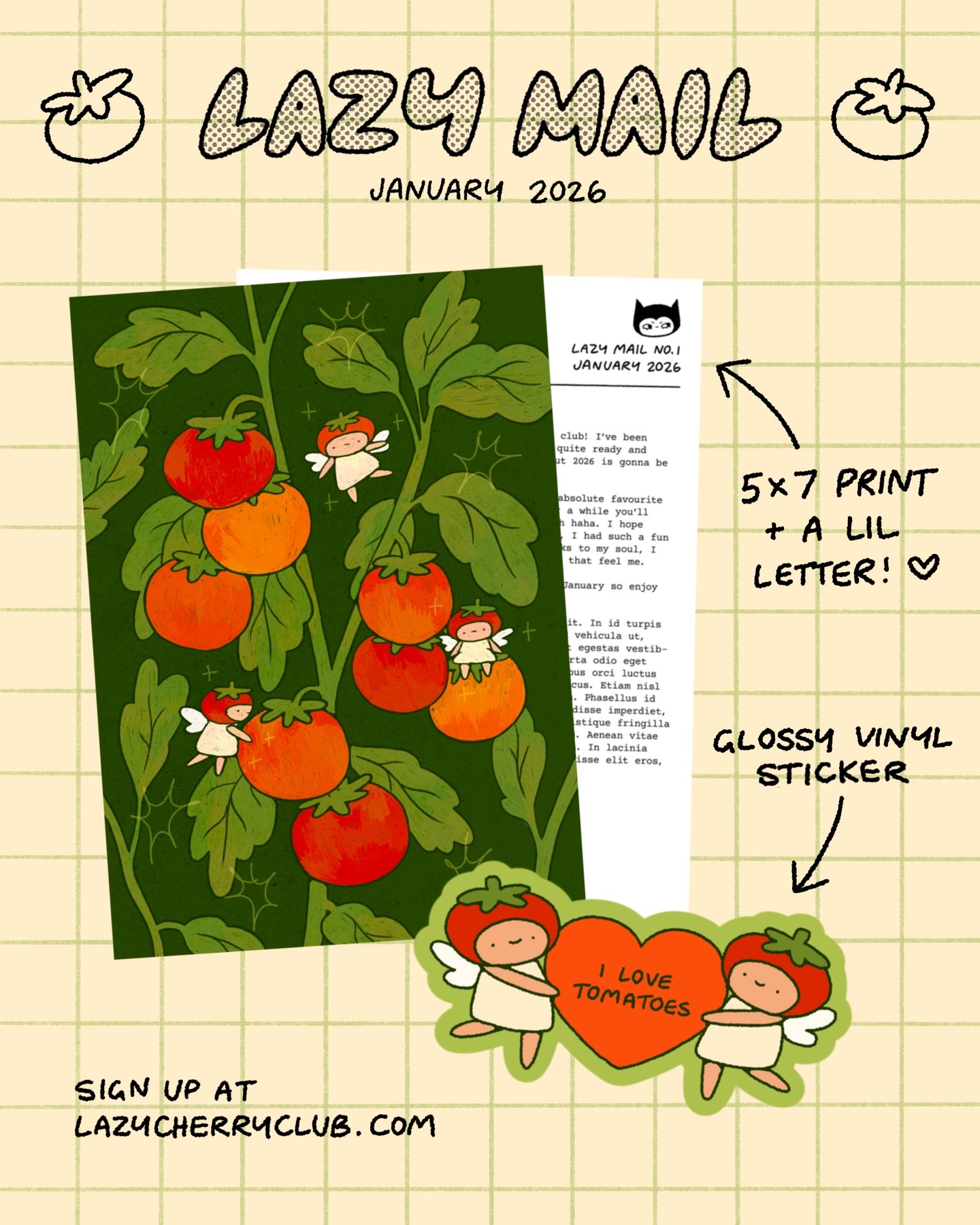 Lazy Mail Club January tomato and fairy illustration print with matching sticker