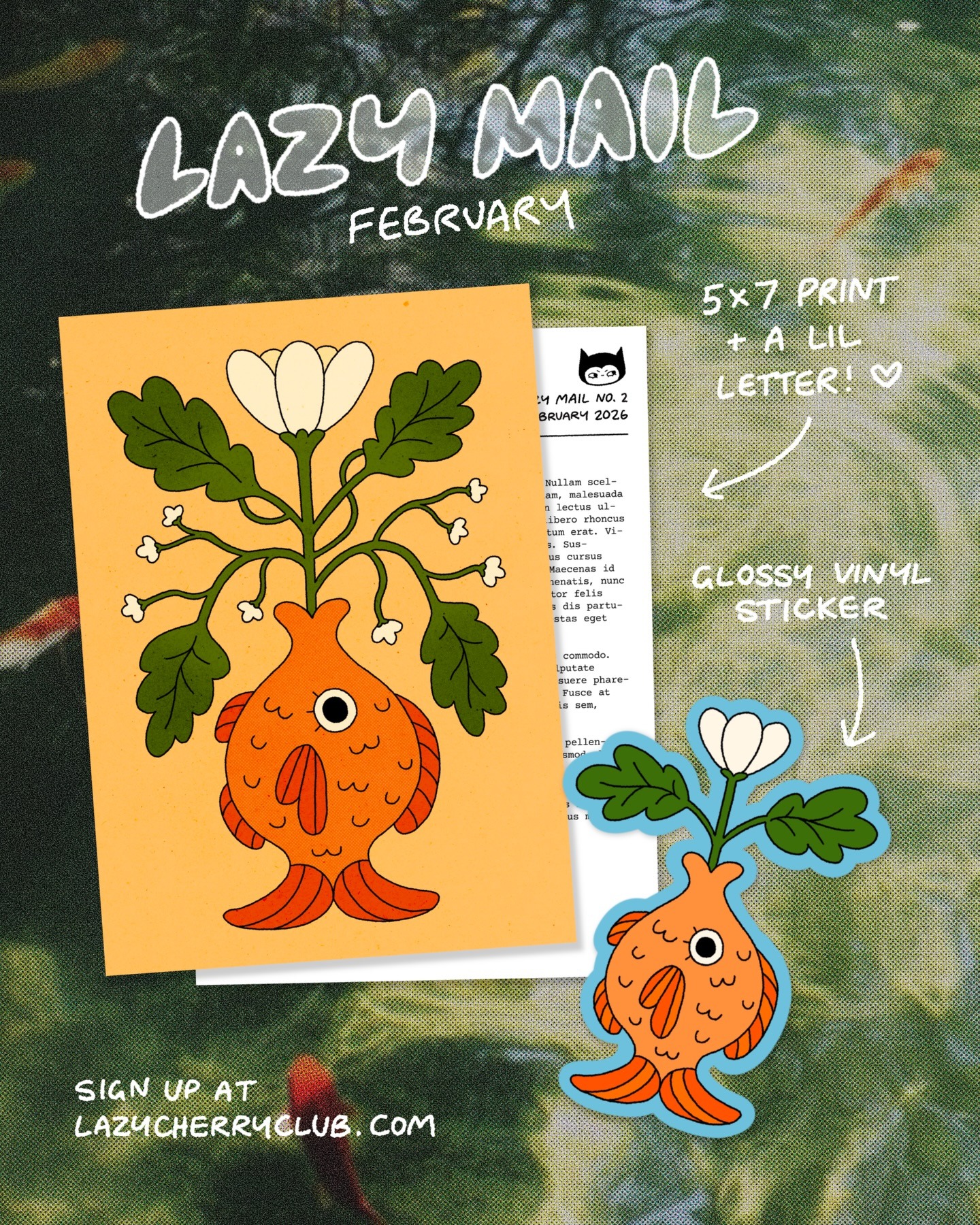 Lazy Mail Club February fish-shaped vase illustration print and sticker