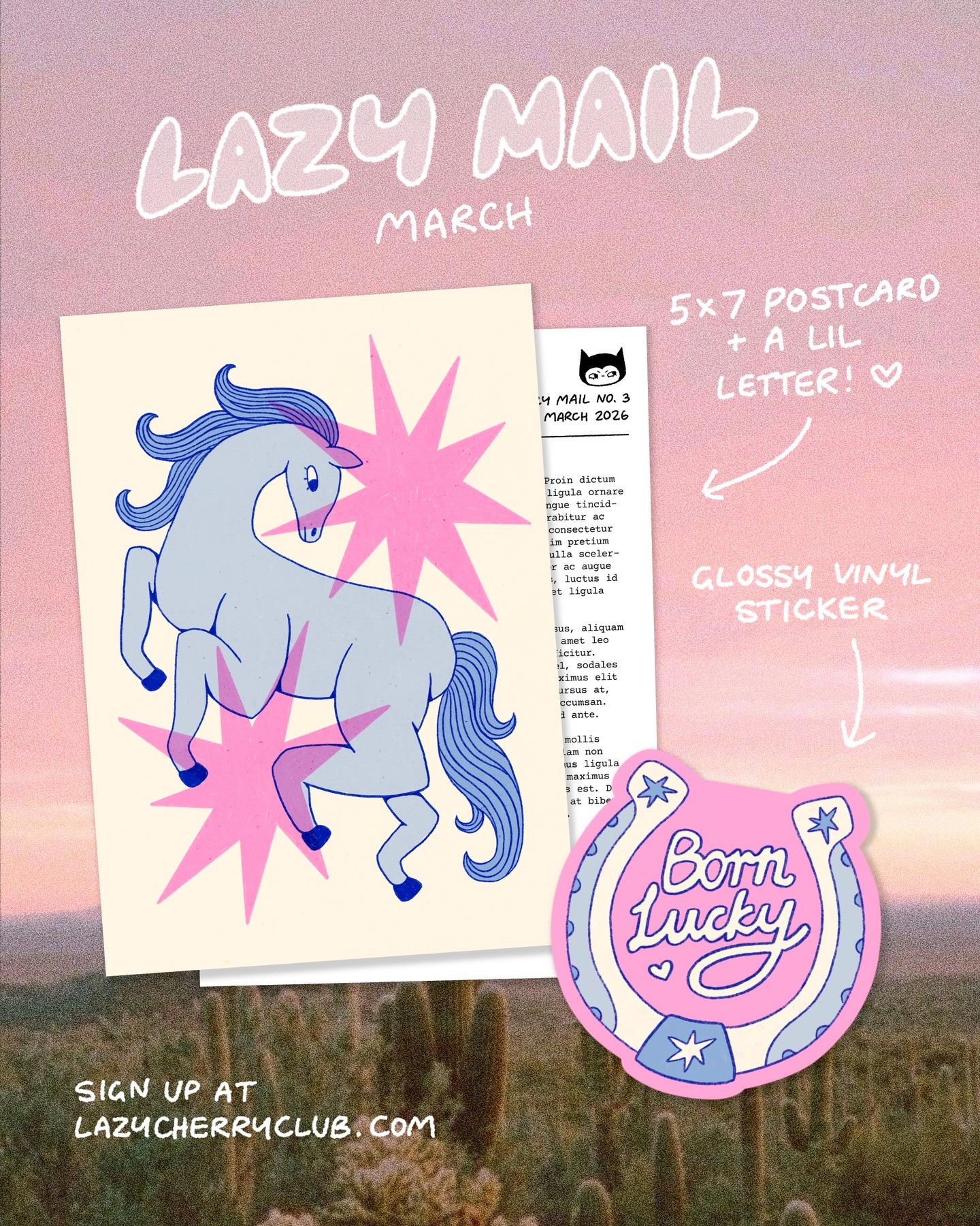 Lazy Mail Club March horse illustration print and sticker