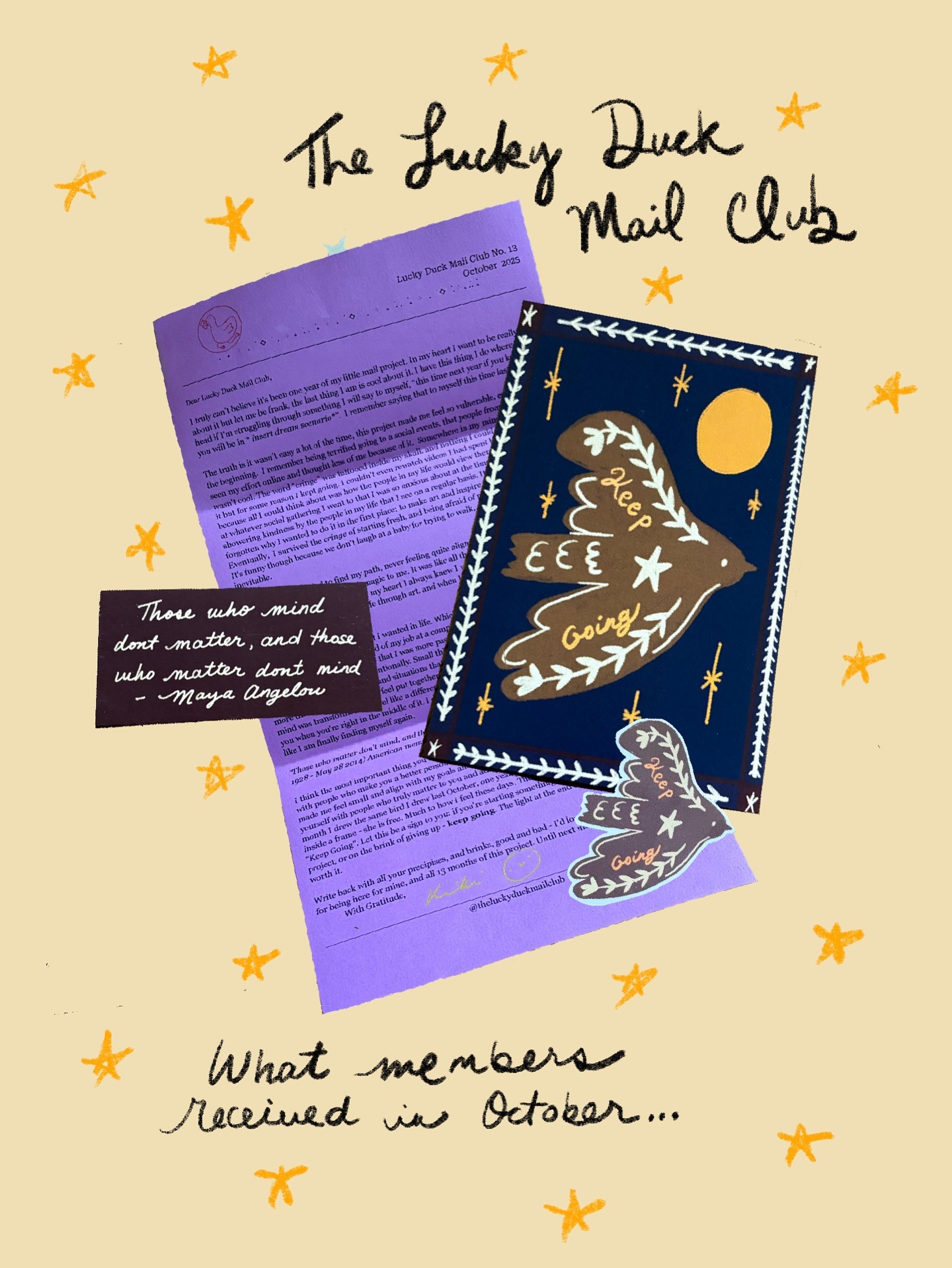 October 2025 Lucky Duck mail with a Keep Going bird print, personal letter, quote card and bird sticker