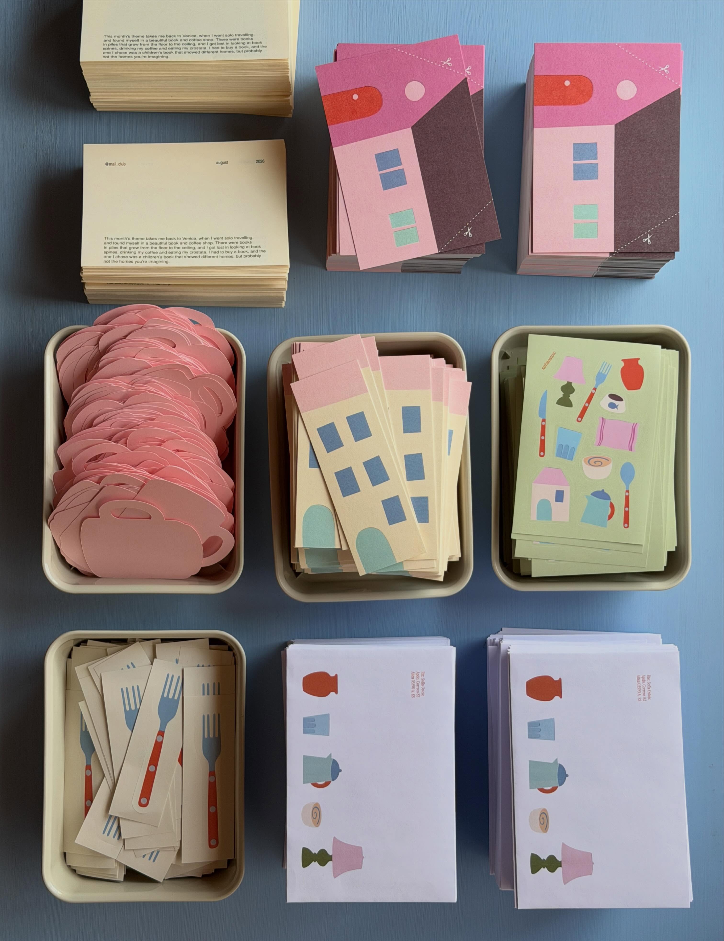 Mail Club — August house postcards, stickers, letters and paper extras arranged for mailing