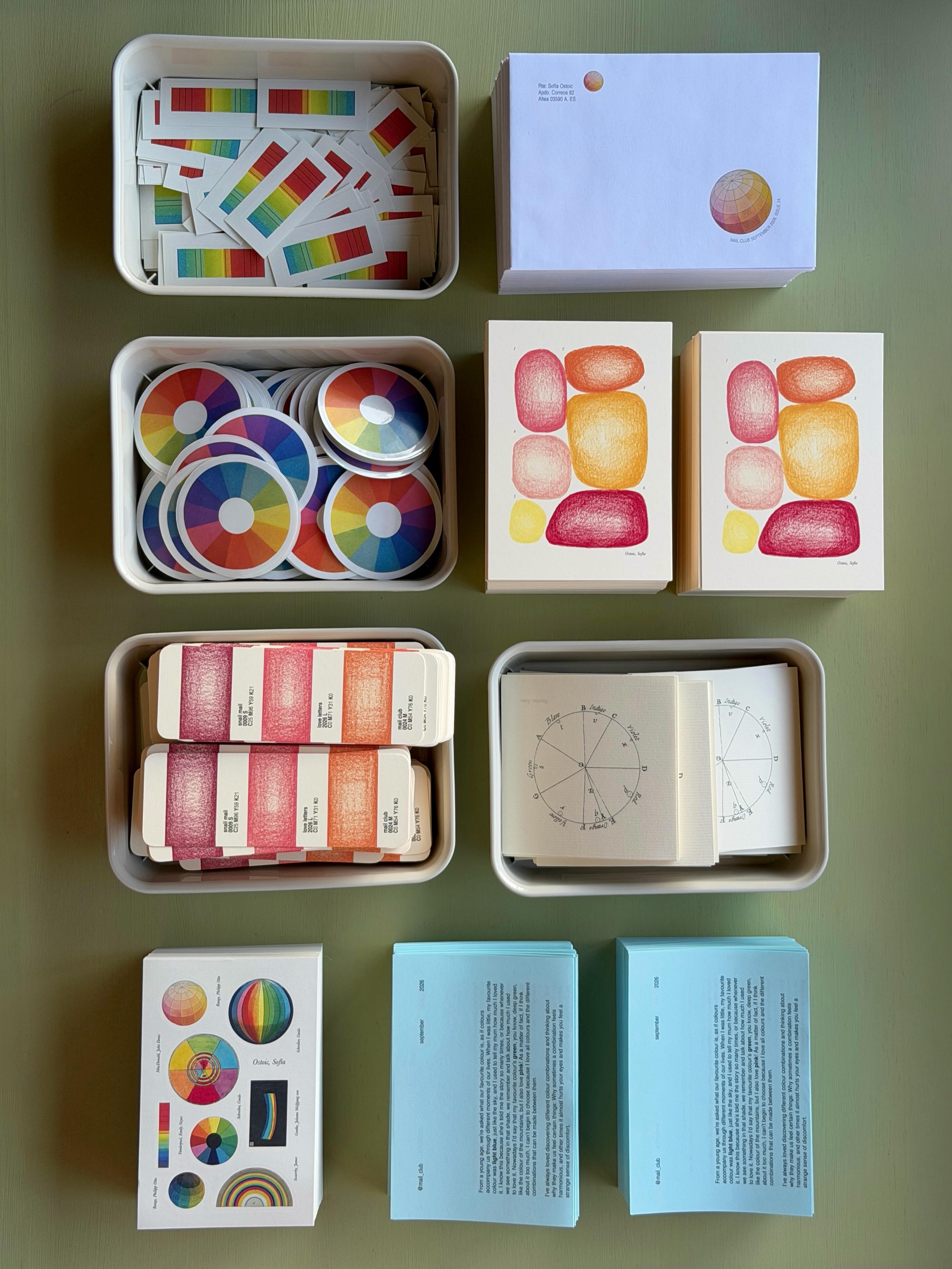 Mail Club — September color-themed postcards, stickers, letters and paper extras arranged for mailing