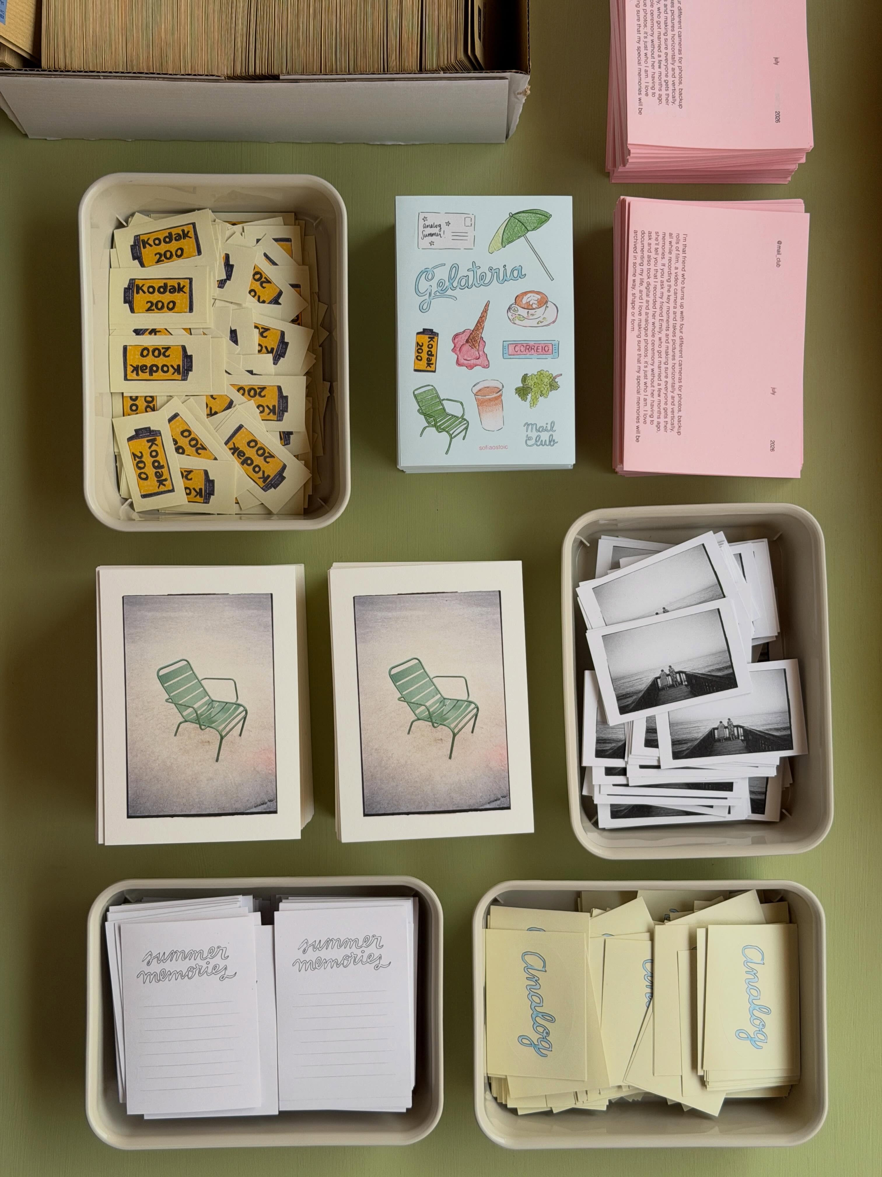 Mail Club — July postcards, stickers, letters and paper extras arranged for mailing