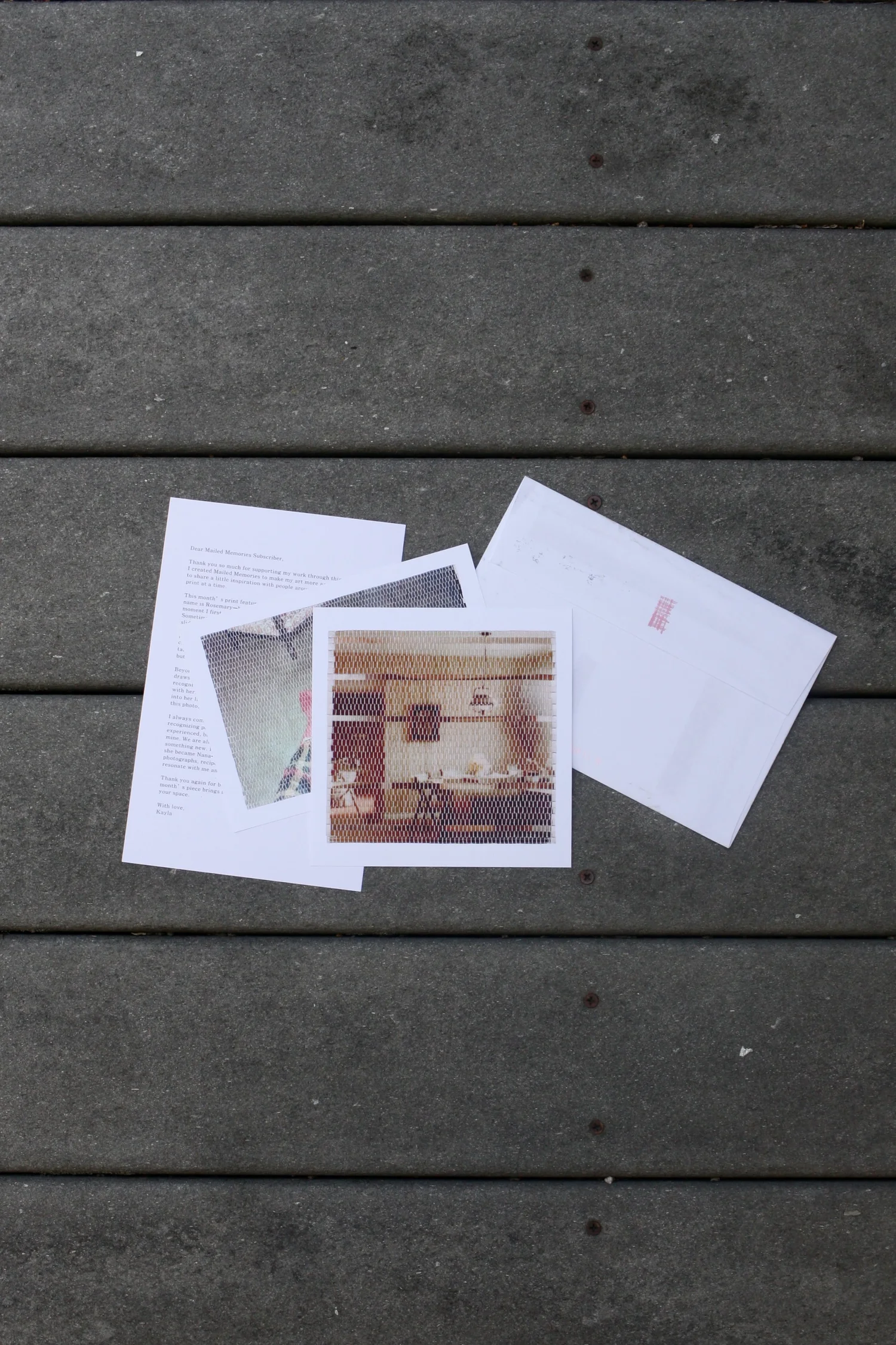 Mailed Memories prints with the accompanying letter and envelope