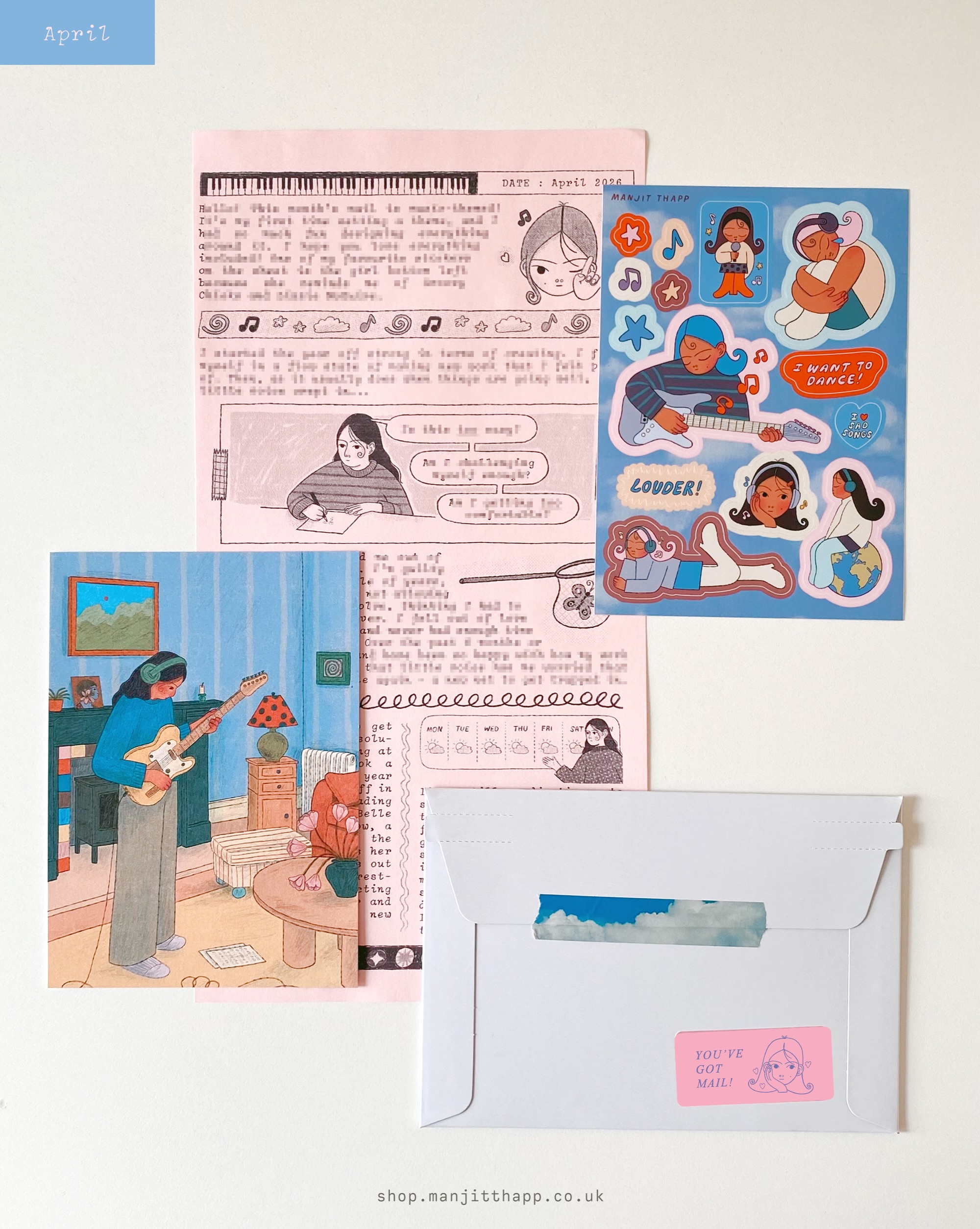 Sticker Mail Club by Manjit Thapp — April 2026 — music-themed letter, sticker sheet, print, and envelope