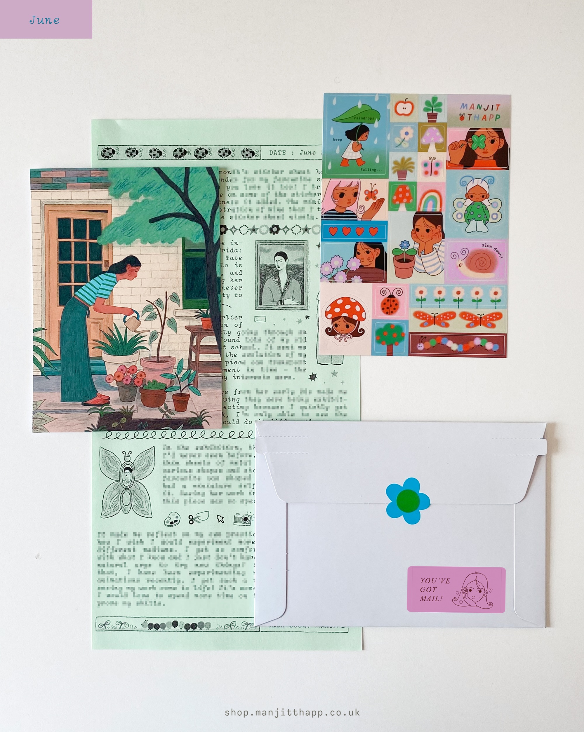 Sticker Mail Club by Manjit Thapp — June 2026 — letter, sticker sheet, print, and envelope