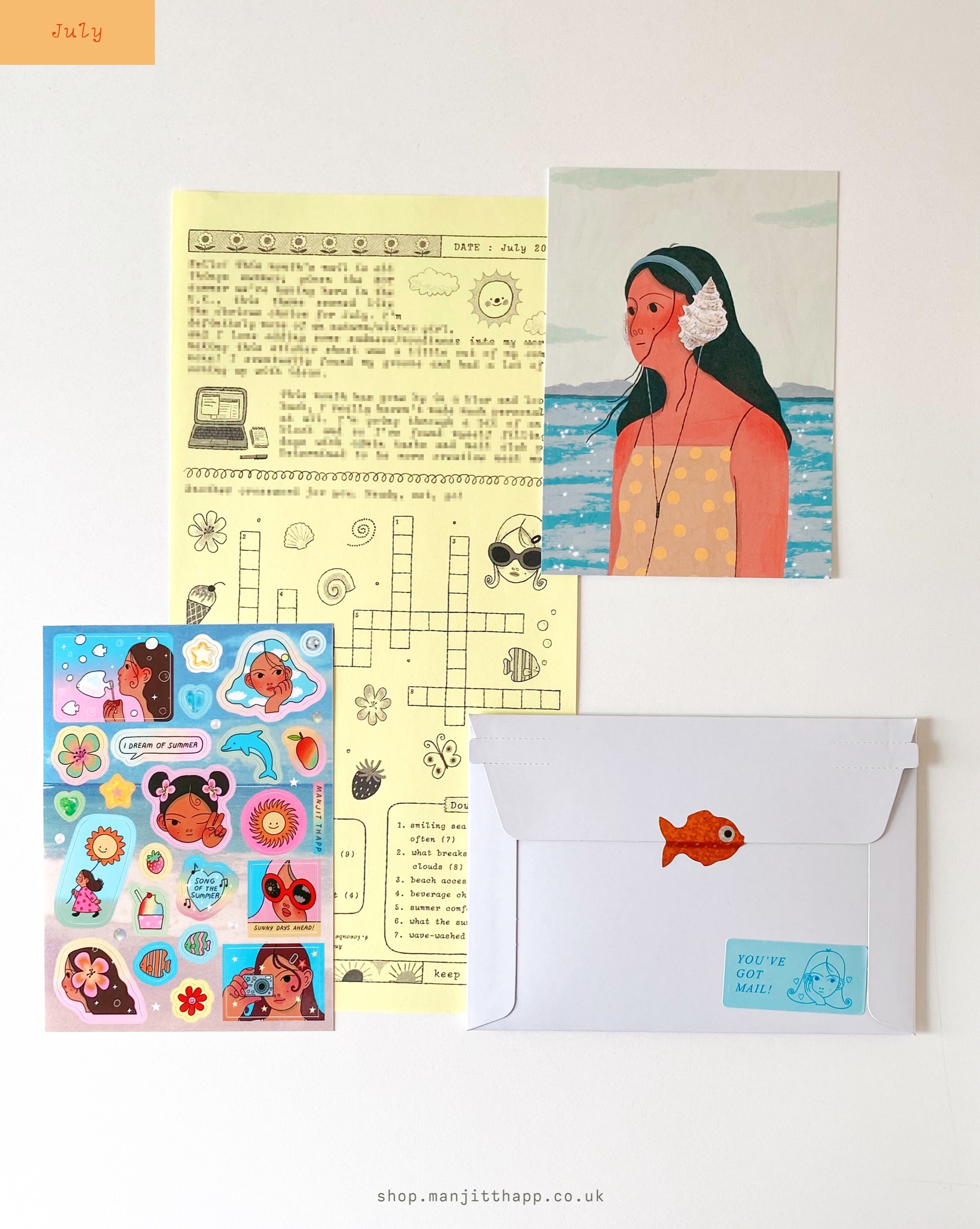 Sticker Mail Club by Manjit Thapp — July 2026 — summer letter, sticker sheet, print, and envelope