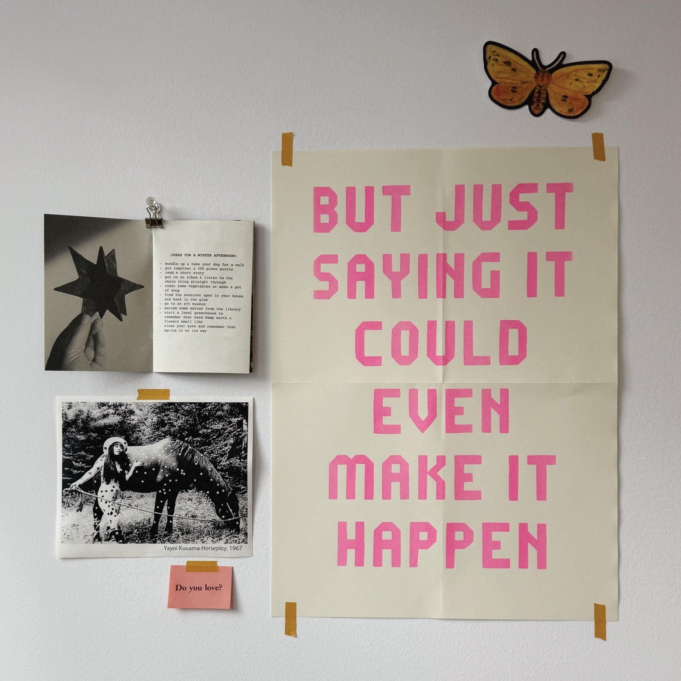 Morning Light Mail Club — A past mail assortment with a pink typographic print, photographs and a mini zine