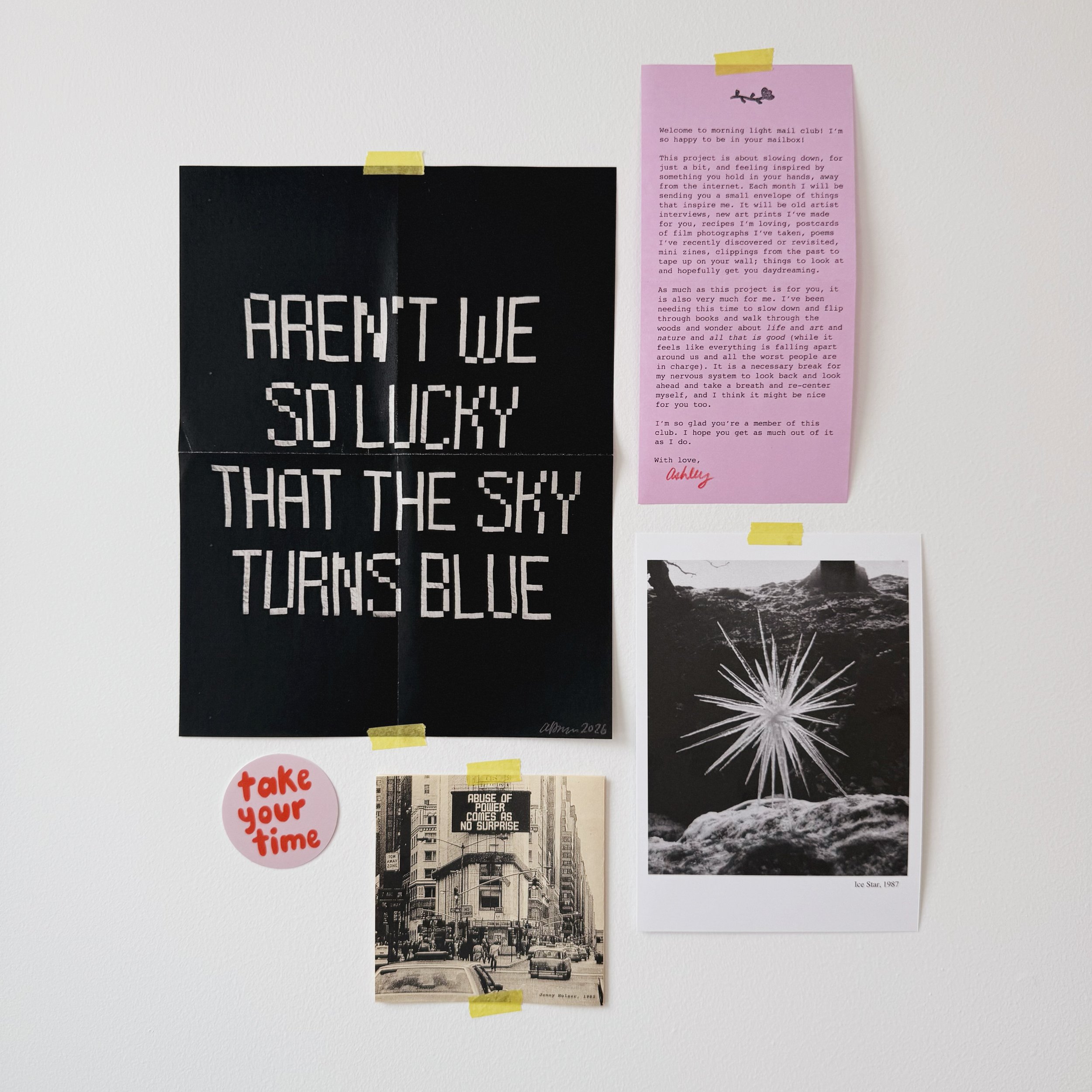 Morning Light Mail Club — A past mail assortment with a black typographic print, letter and photographs