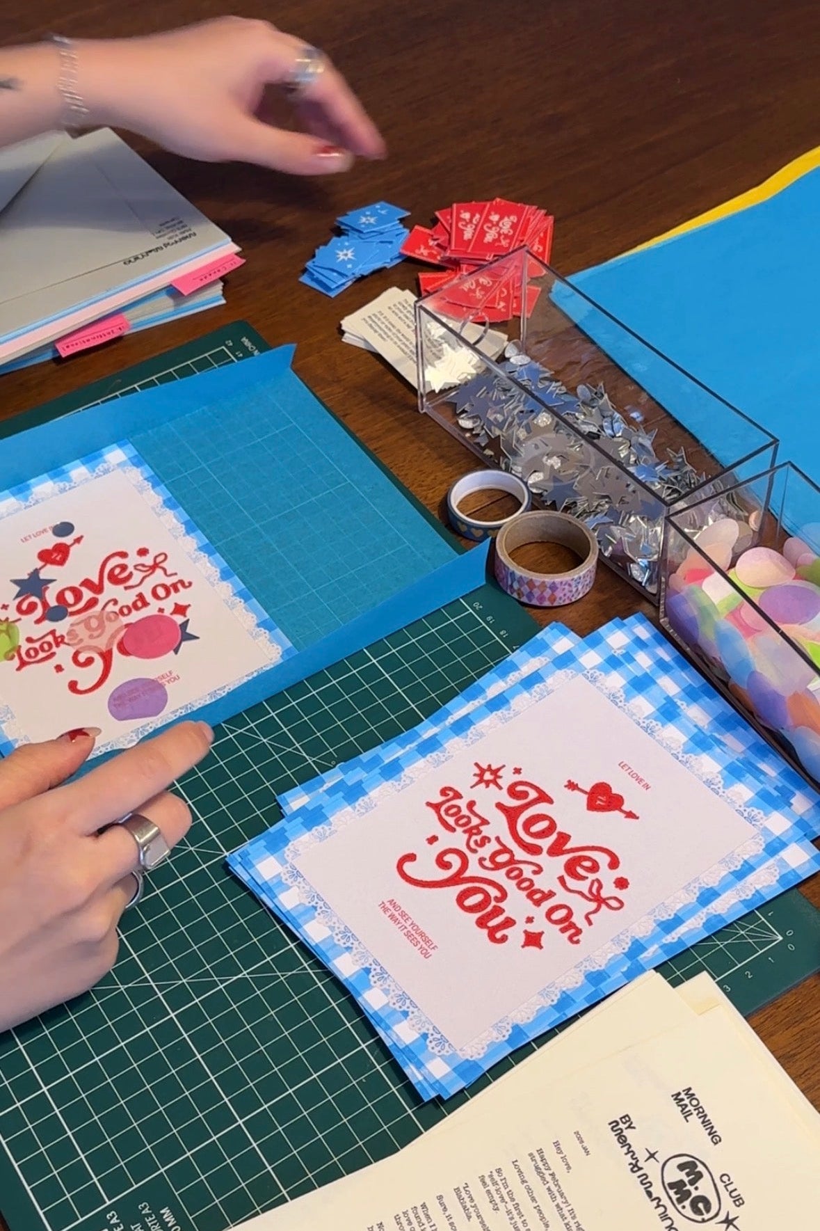 Morning Mail Club — January 2026 Love Looks Good On You print, stickers, and notes being packed
