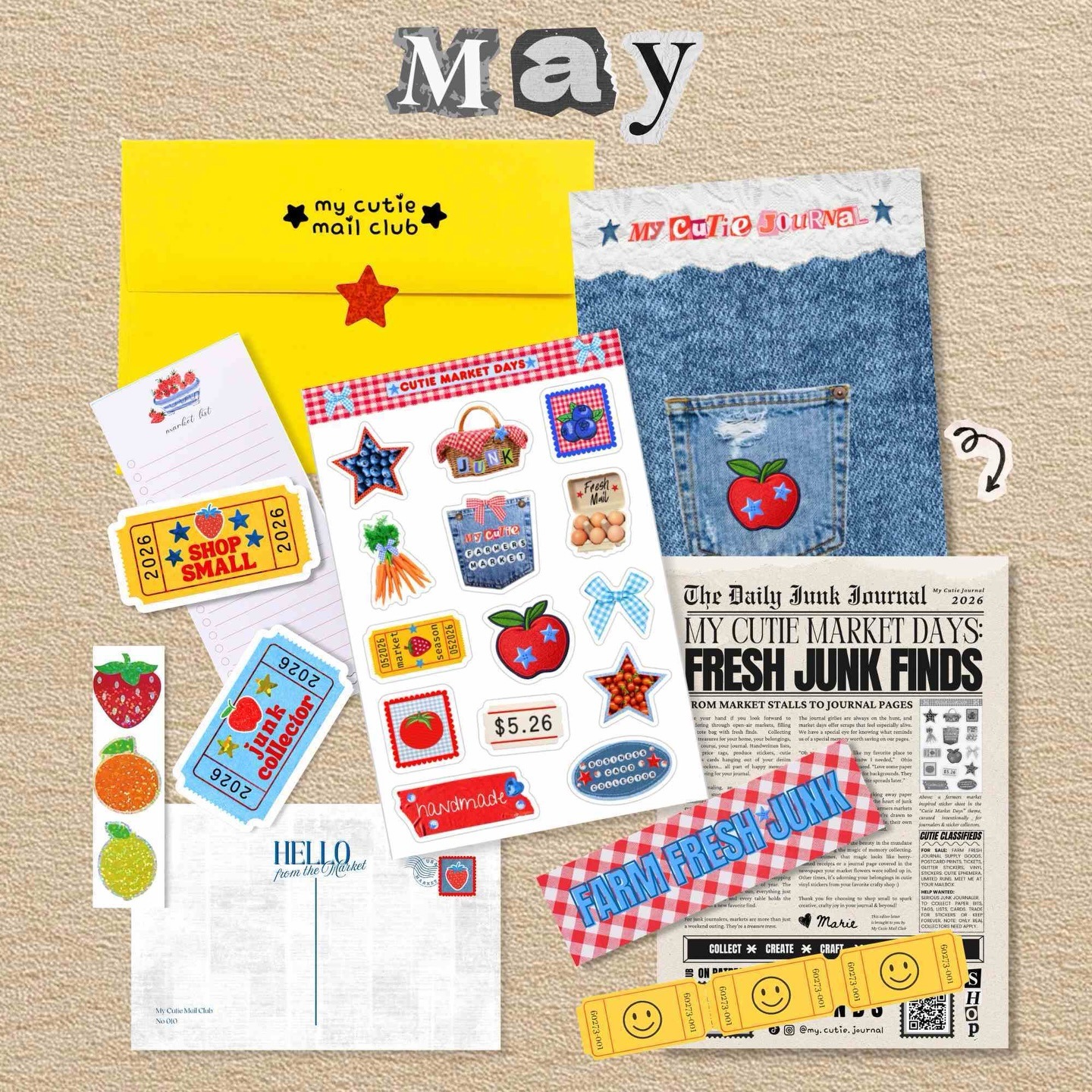 My Cutie Mail Club: May farmers’ market edition with letter, postcard, stickers, and paper ephemera