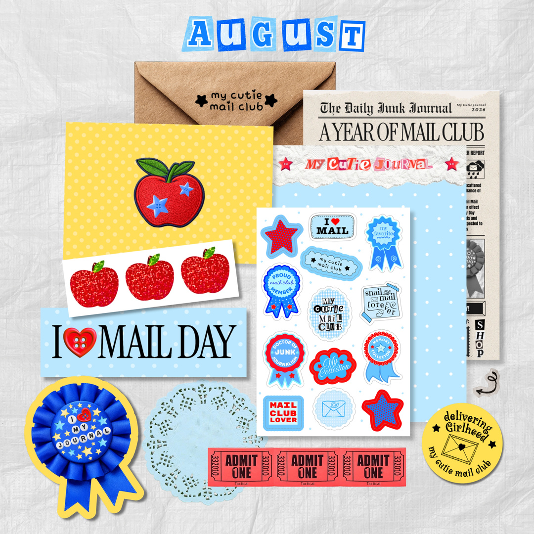 My Cutie Mail Club: August edition with letter, postcard, stickers, tickets, and blue prize-ribbon artwork