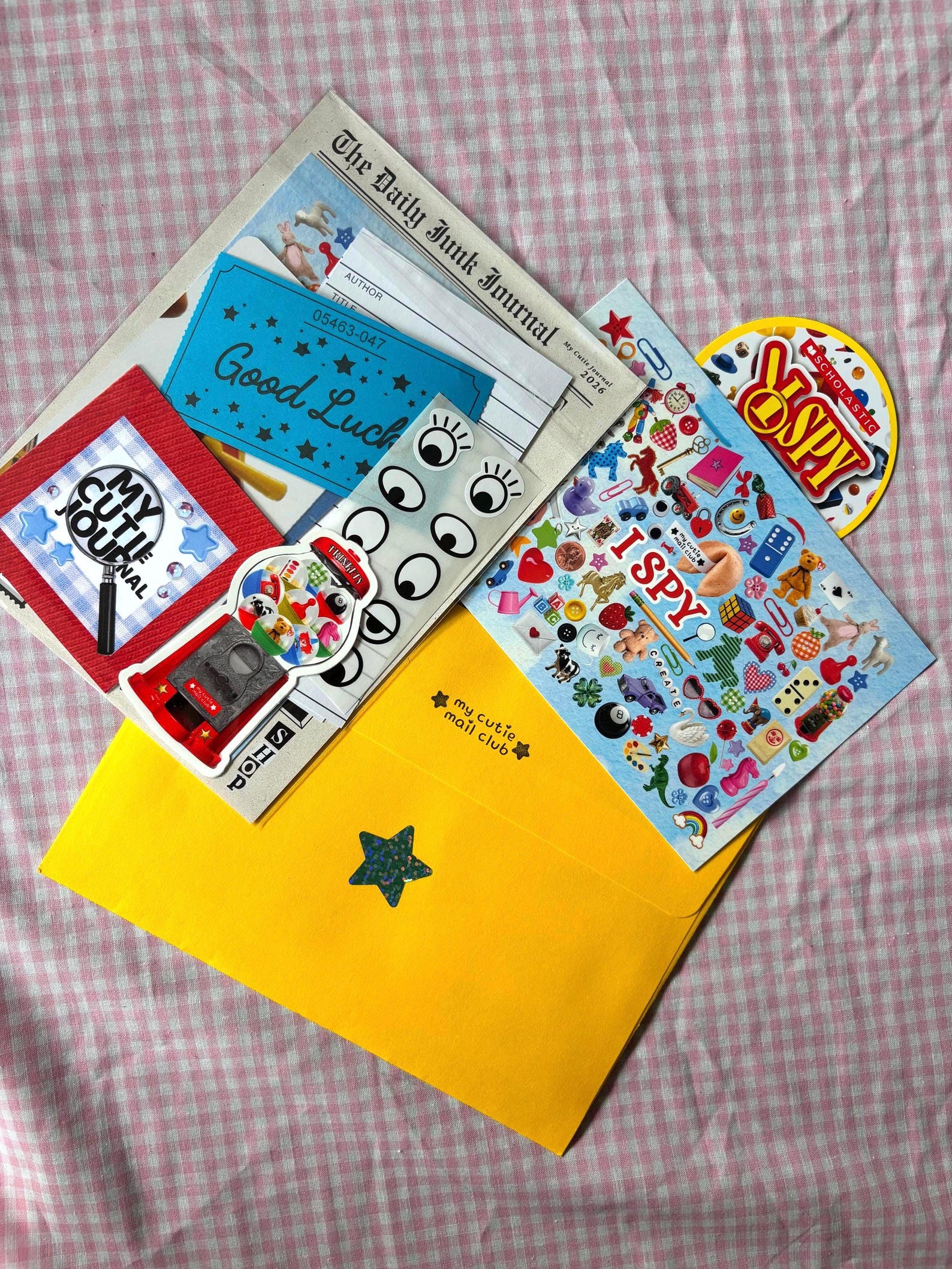 My Cutie Mail Club: March iSpy collection with letter, stickers, postcard, and paper ephemera