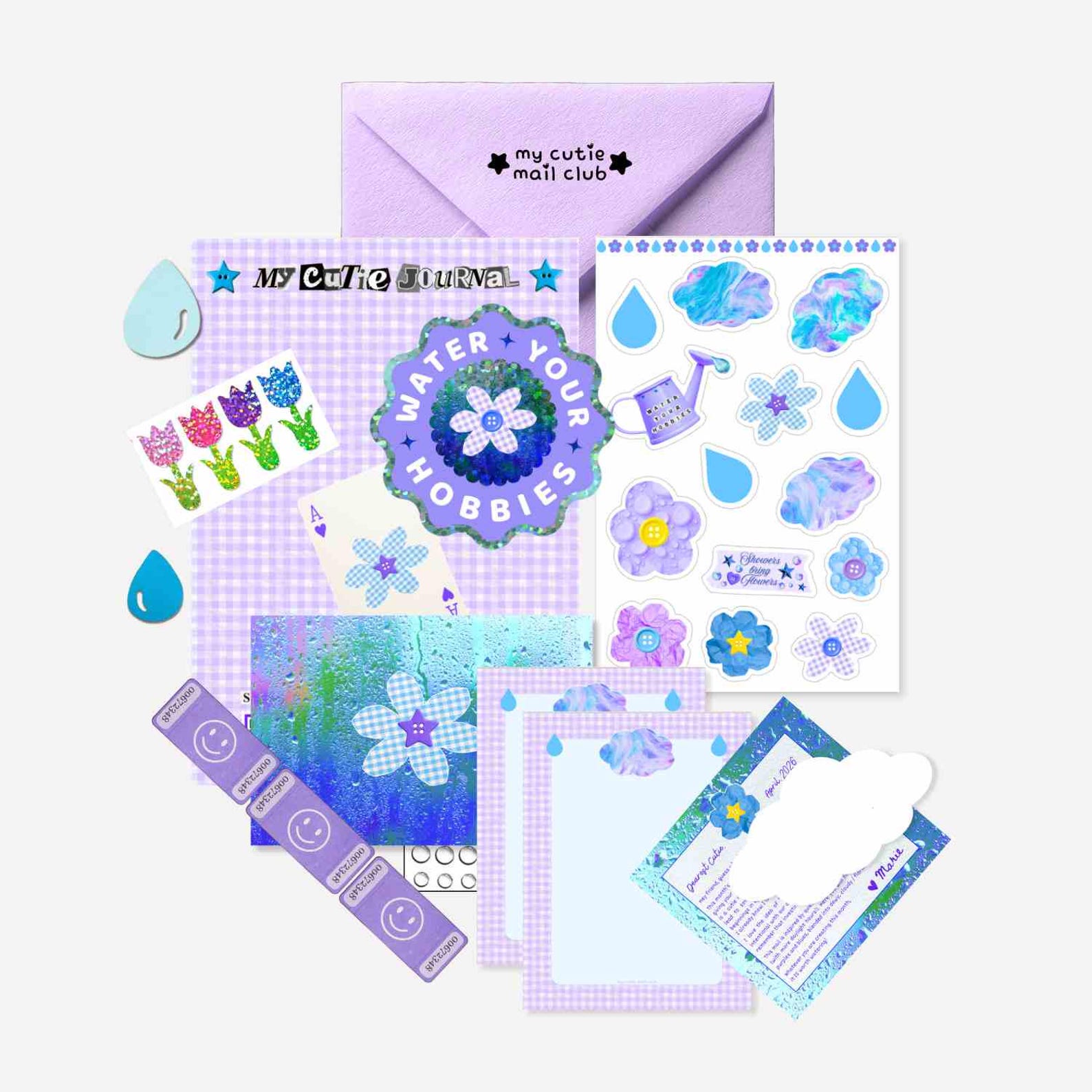 My Cutie Mail Club: April Water Your Hobbies collection with letter, floral stickers, postcard, and paper pieces
