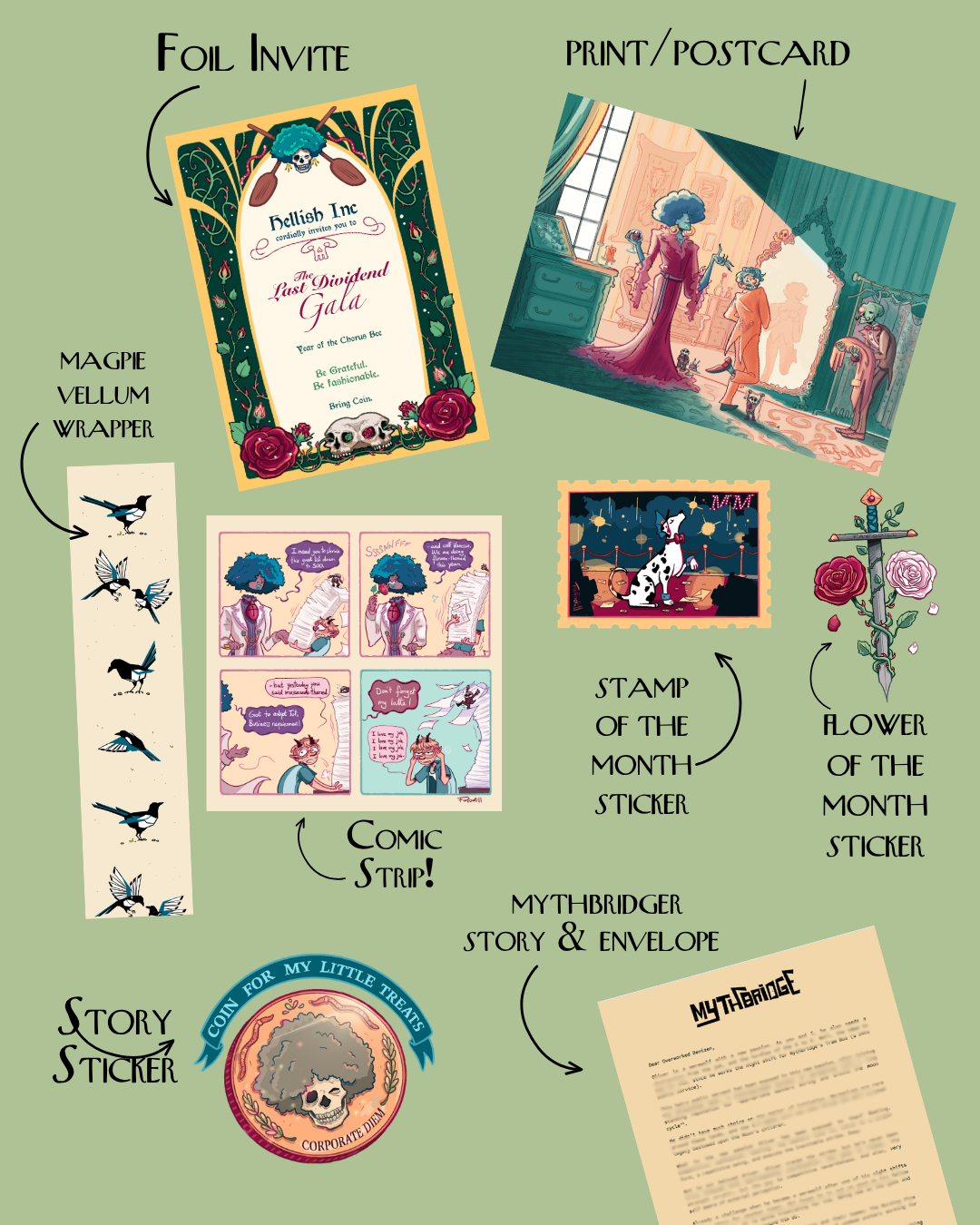 Mythbridge Mail Club — September mail with a story letter, comic strip, art postcard, stickers, and a foil invitation