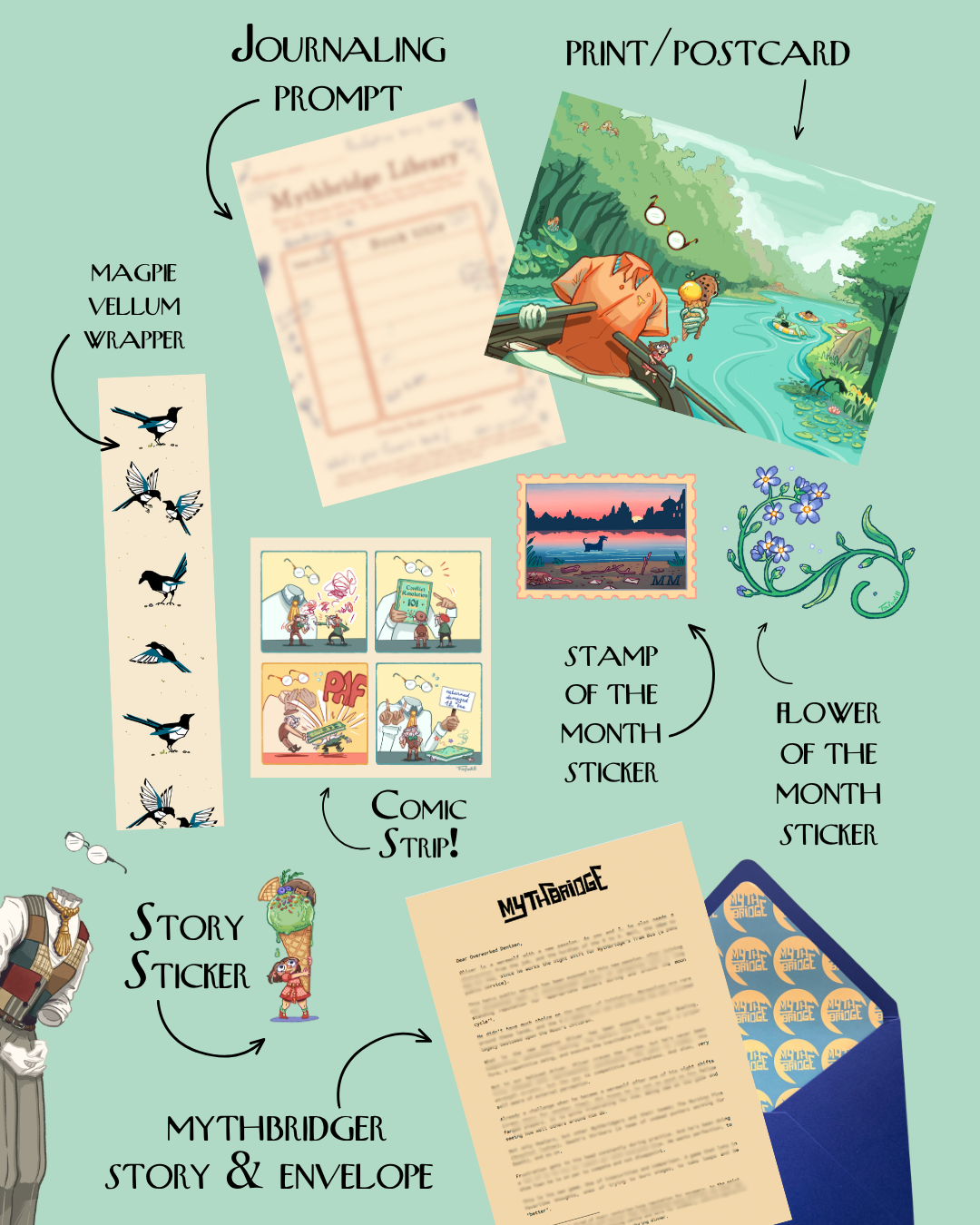 Mythbridge Mail Club — August story letter, art postcard, comic strip, stickers, and journaling prompt