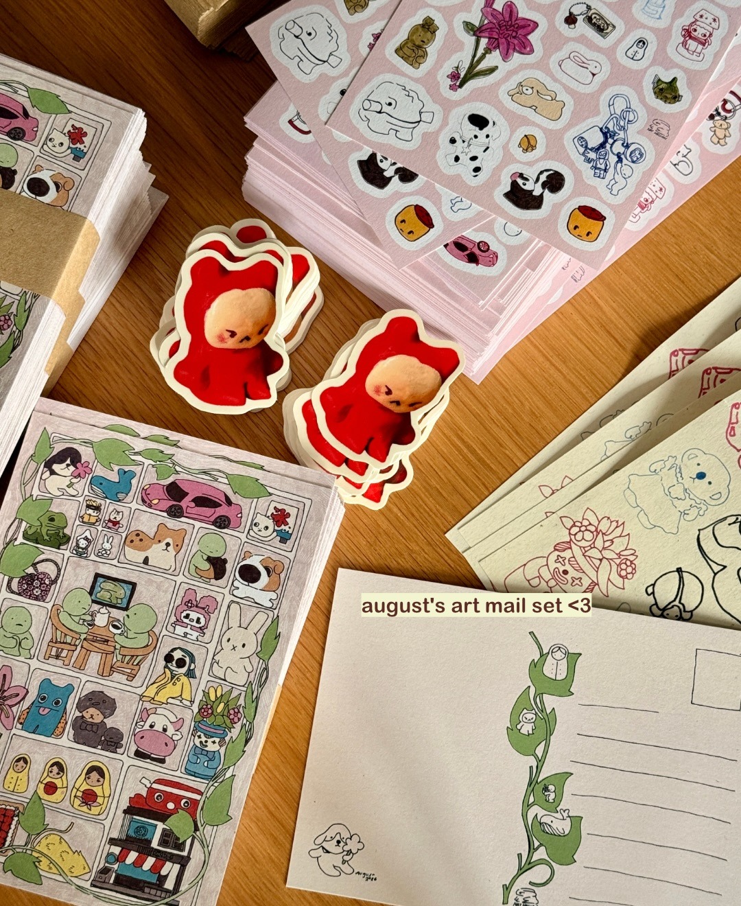 Nat Hellion Art Mail — August postcards and stickers, photographed together