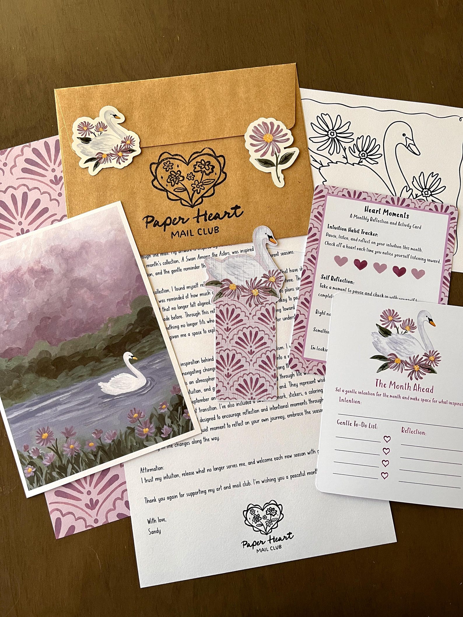 Paper Heart Mail Club — September single mail set with a swan print, bookmark, stickers, letter, and activity cards