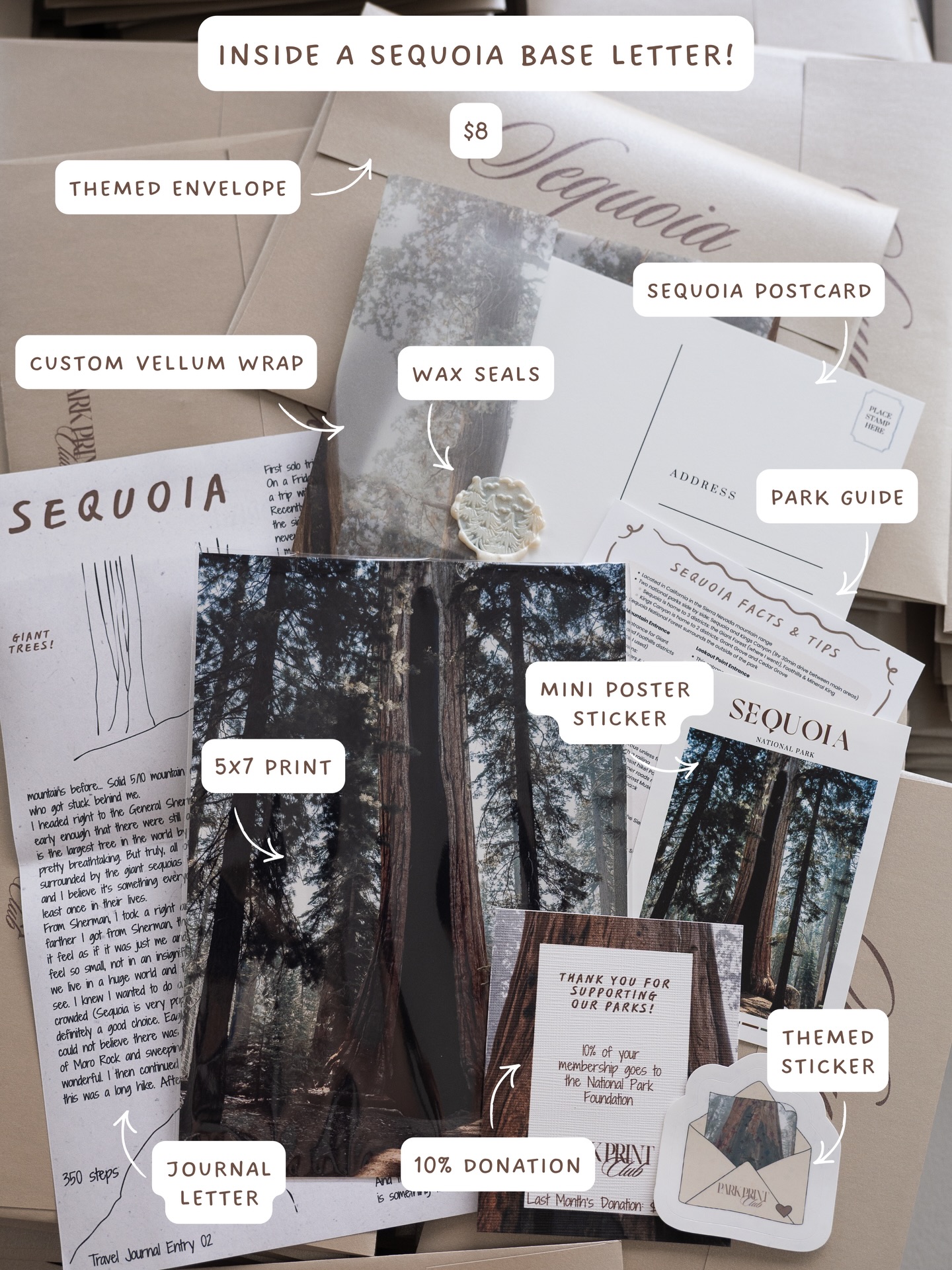 Past Park Print Club Sequoia Base edition with one photo print, letter, postcard, guide, stickers, and themed packaging