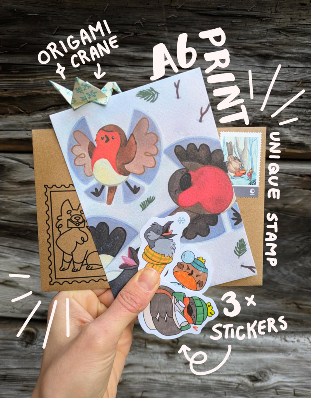 Pinecone Print Club — January edition — print, stickers, and origami crane
