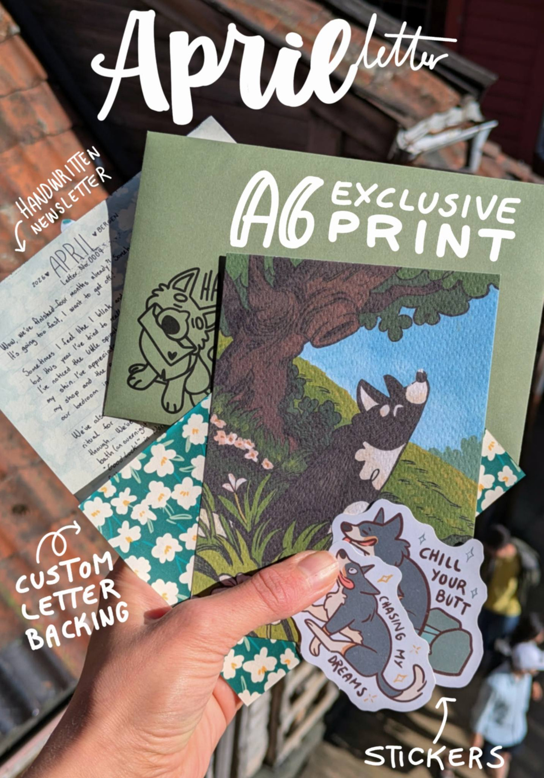 Pinecone Print Club — April edition — dog print, letter, and stickers
