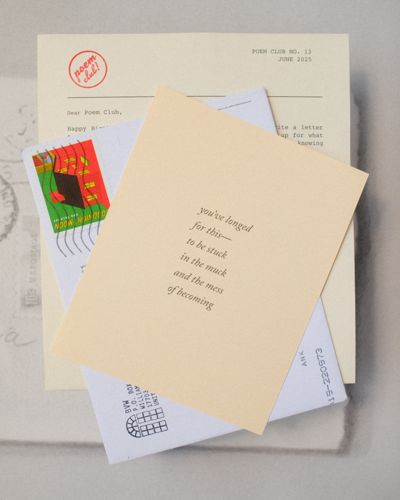 June Poem Club poem, letter, and envelope arranged together