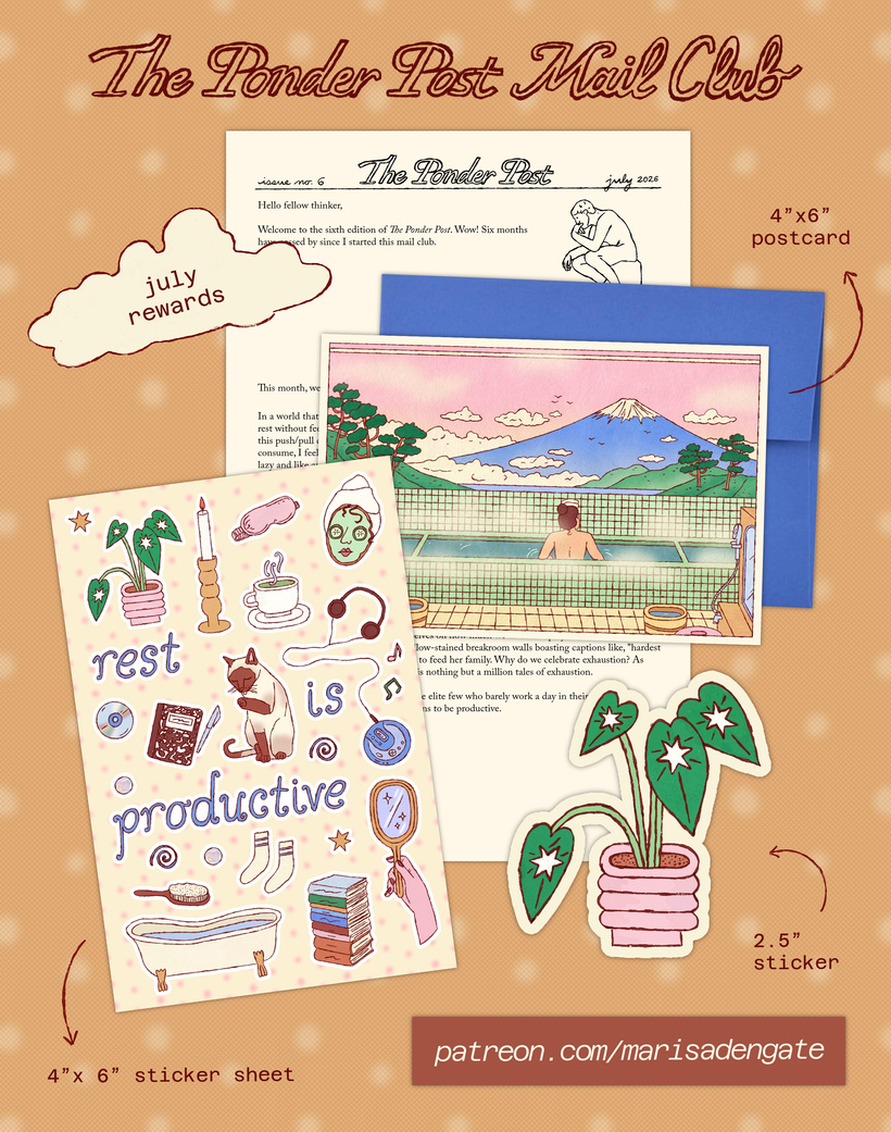 Ponder Post Mail Club — July 2026 self-care reward mockup with postcard, stickers, and letter