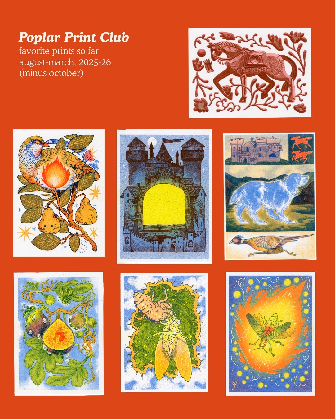 Poplar Print Club: a collection of past risograph prints with animals, plants, insects, and a castle