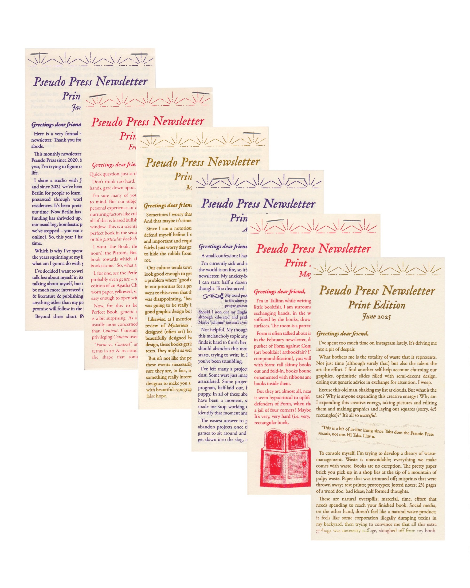 Pseudo Newsletter — A selection of six past Pseudo Press newsletter covers