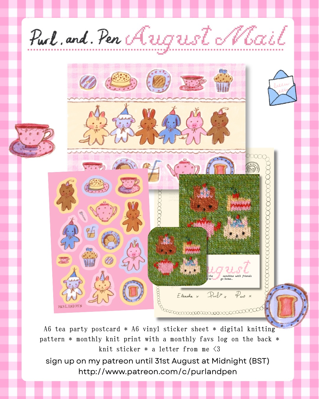 Purl And Pen — August tea-party mail composition preview with a postcard, stickers, prints, and letter
