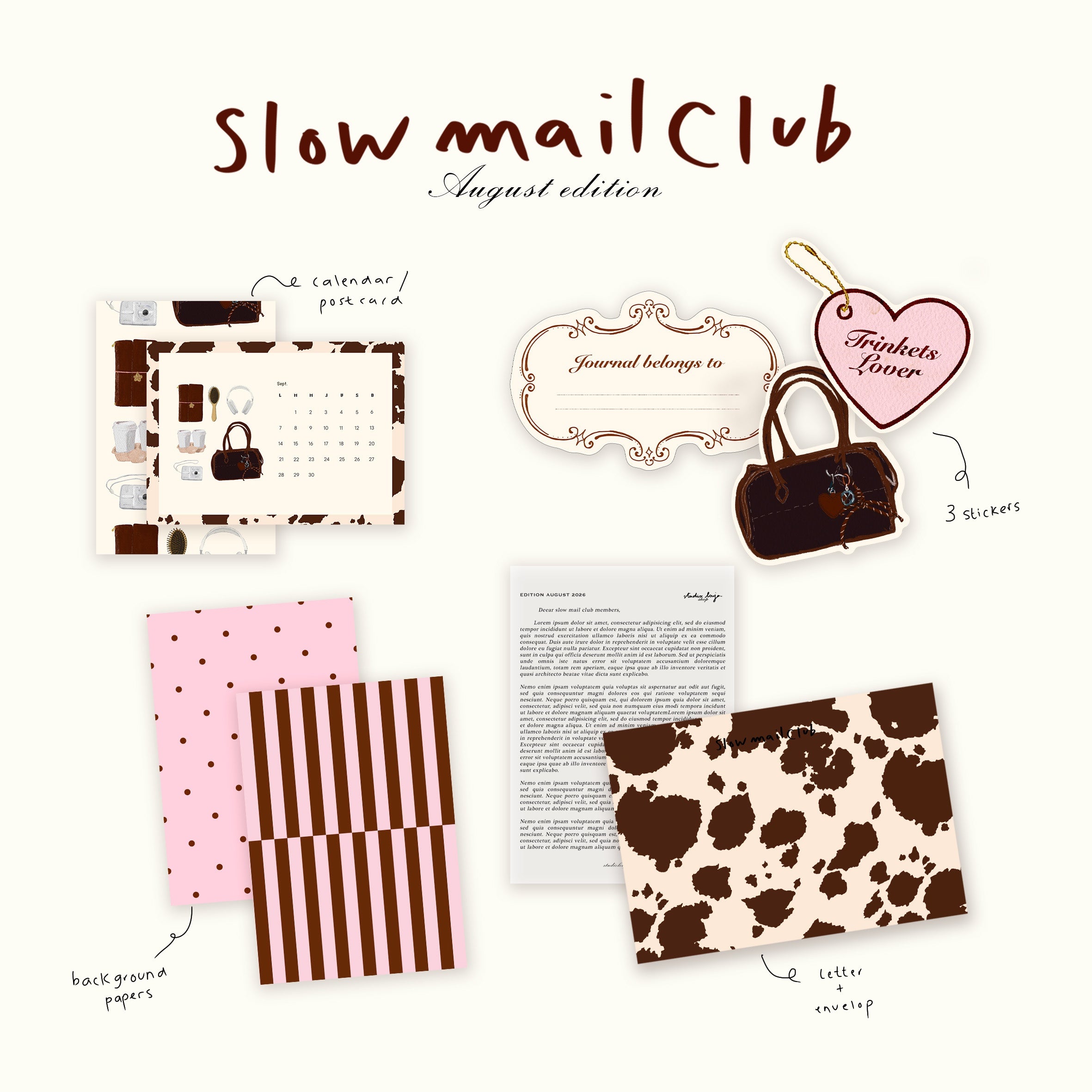 Slow Mail Club August edition with illustrated letter, cards, stickers, and patterned paper