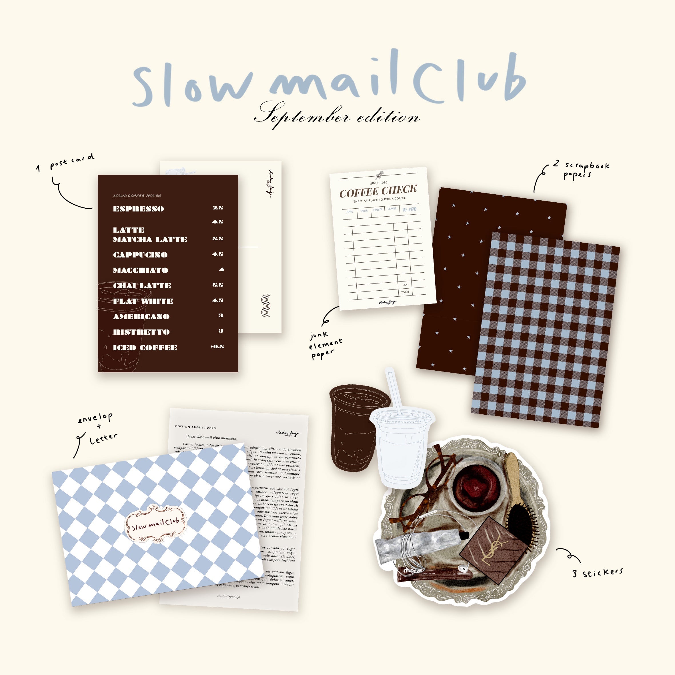 Slow Mail Club September coffee and gingham stationery