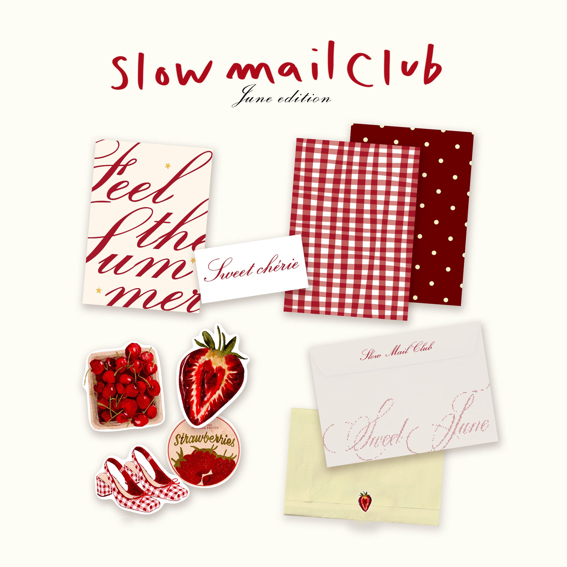 Slow Mail Club June strawberry and handwritten lettering stationery