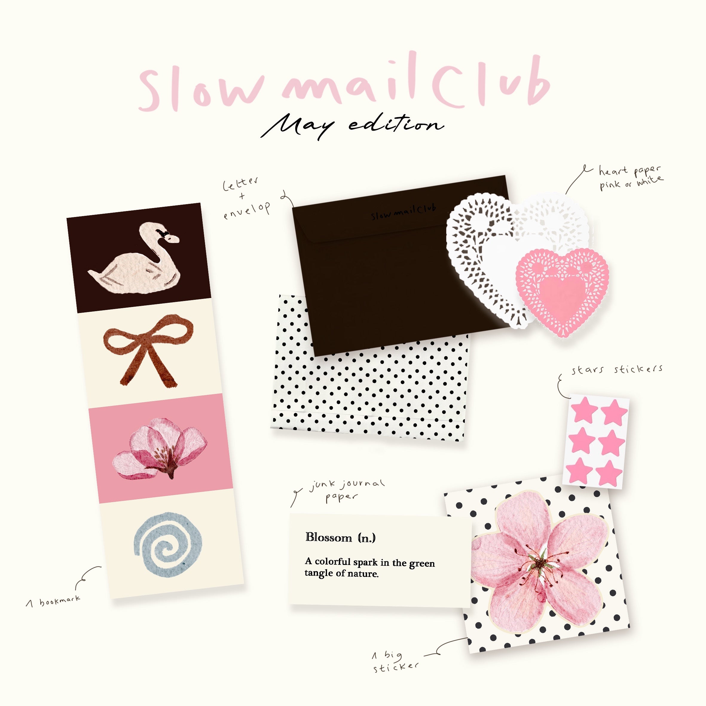 Slow Mail Club May pink stationery and sticker sheet