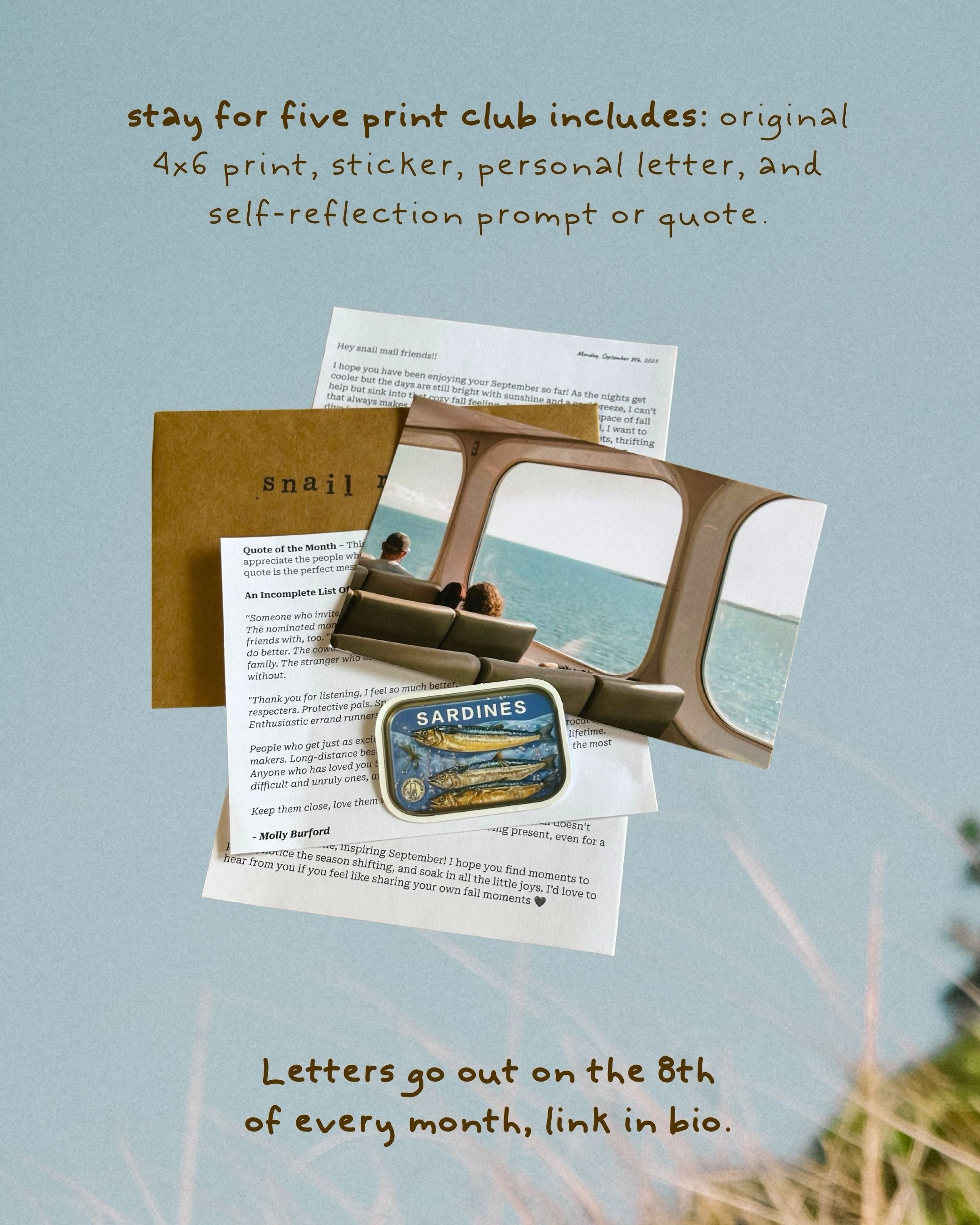 Stay for Five Print Club — September 2025 photograph, letter, quote and sardine-tin sticker