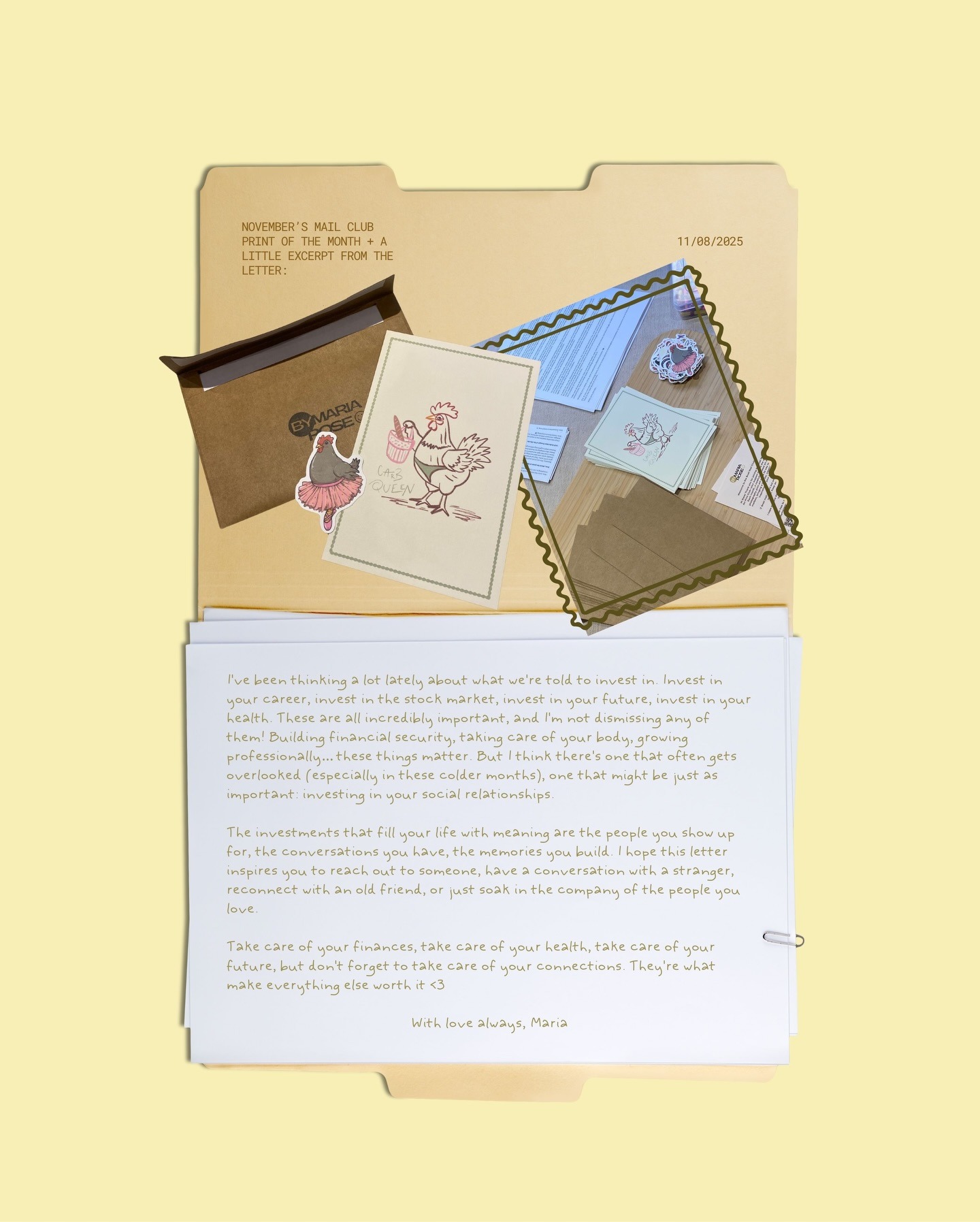 Stay for Five Print Club — November 2025 rooster print, sticker and letter excerpt