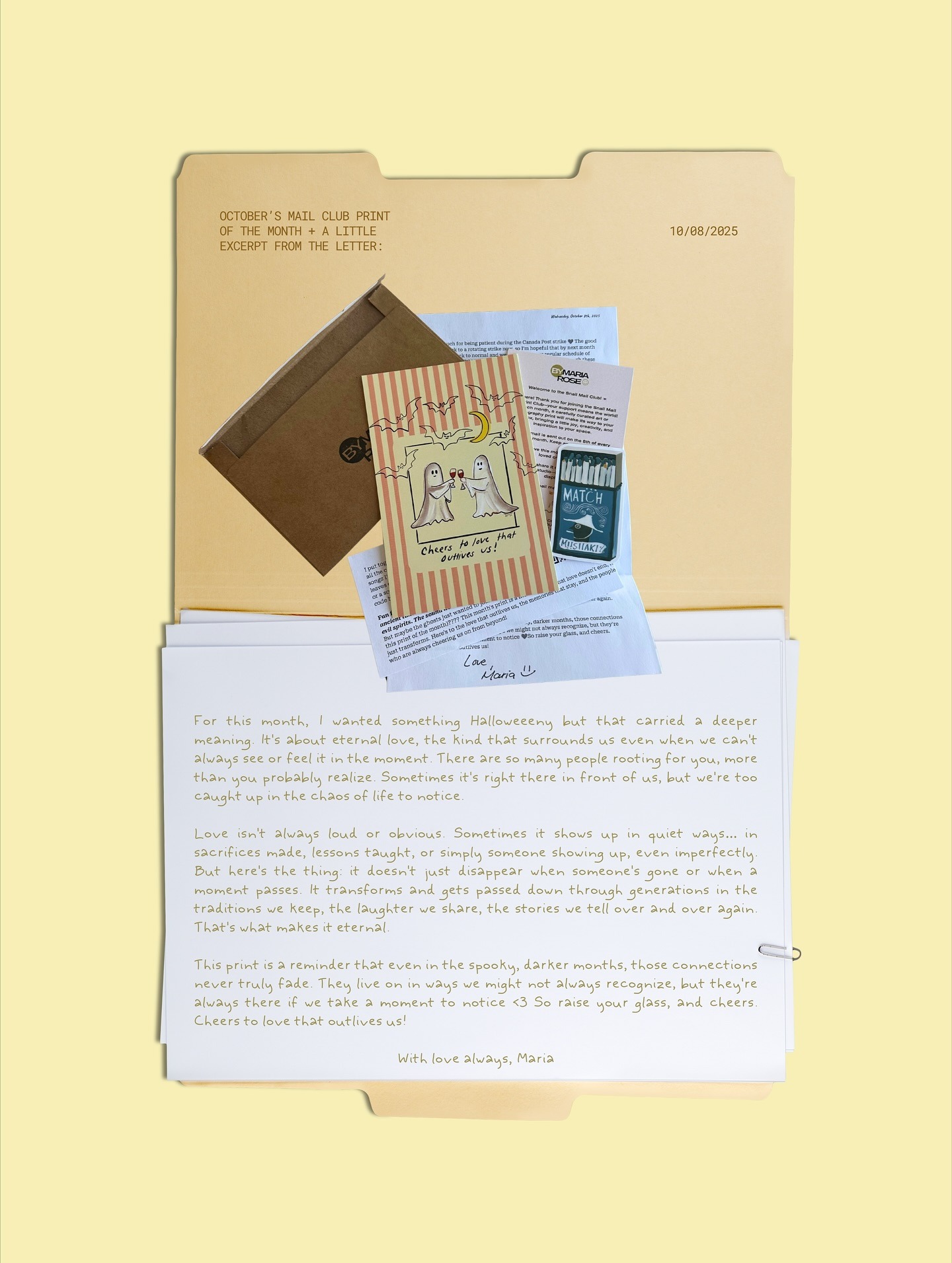 Stay for Five Print Club — October 2025 ghost illustration, sticker and letter excerpt