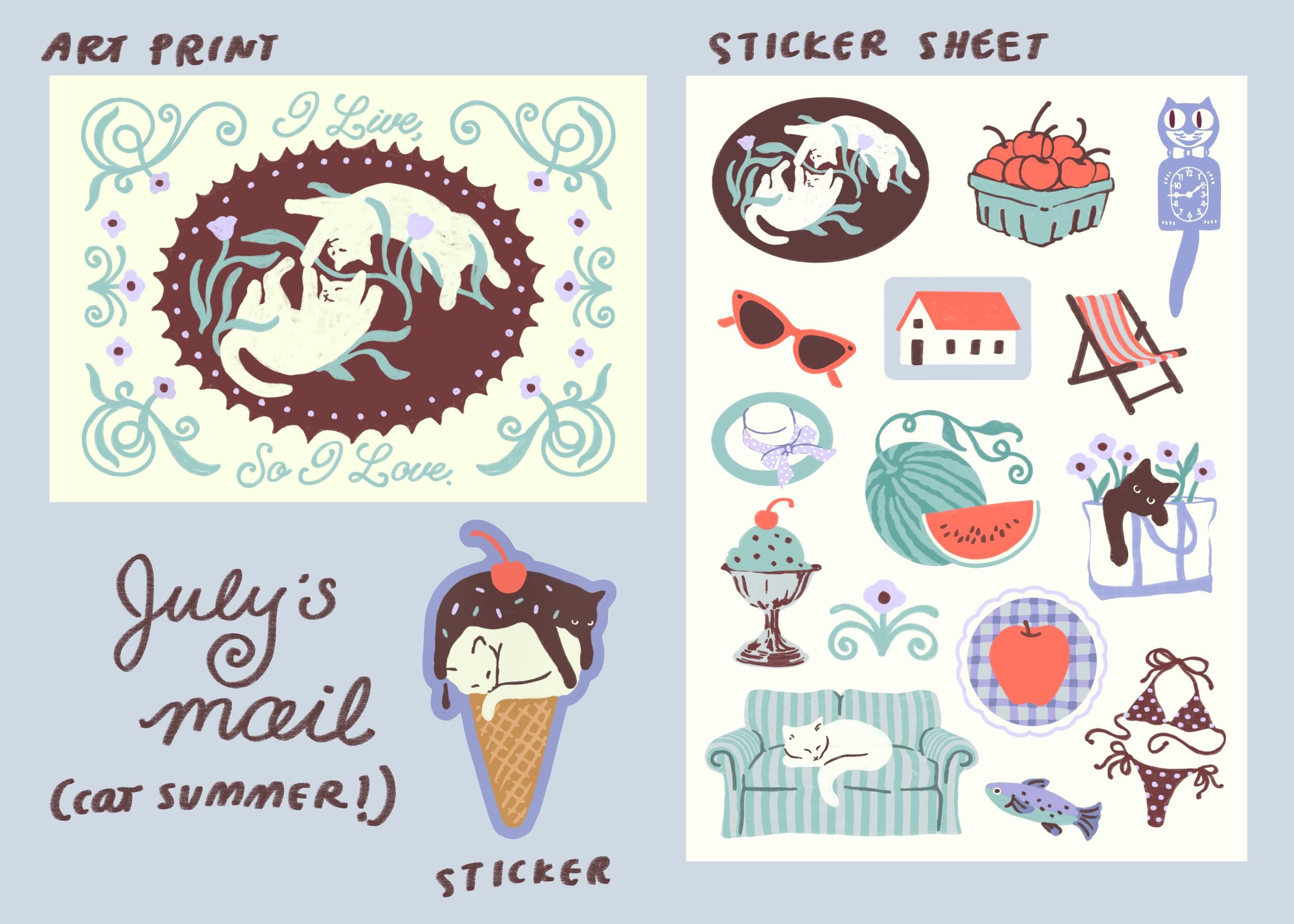Stamp Club — July — Cat Summer print and stickers