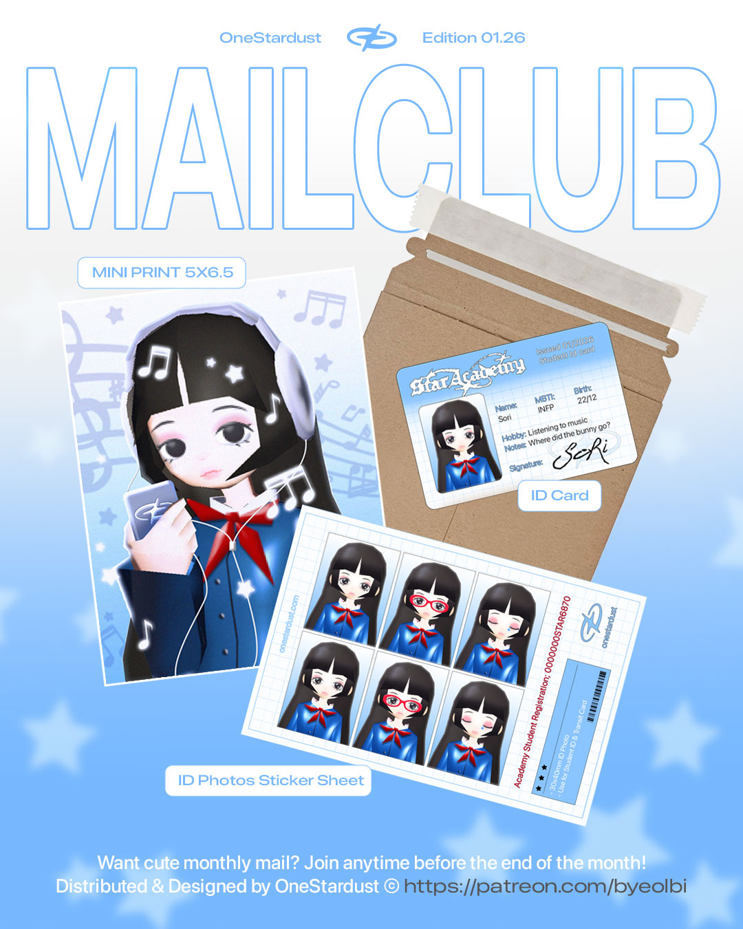 Star MailClub — January — Sori mini print, ID card, and sticker sheet