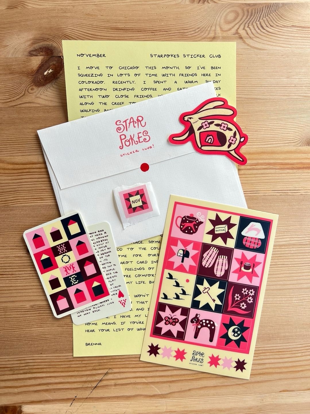 Starpokes November mail with a letter, envelope, rabbit sticker, patterned sticker sheet and illustrated cards