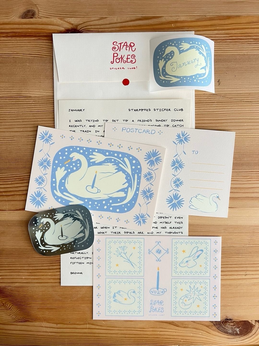 Starpokes January mail with a letter, envelope, swan sticker, postcard and pale blue sticker sheet