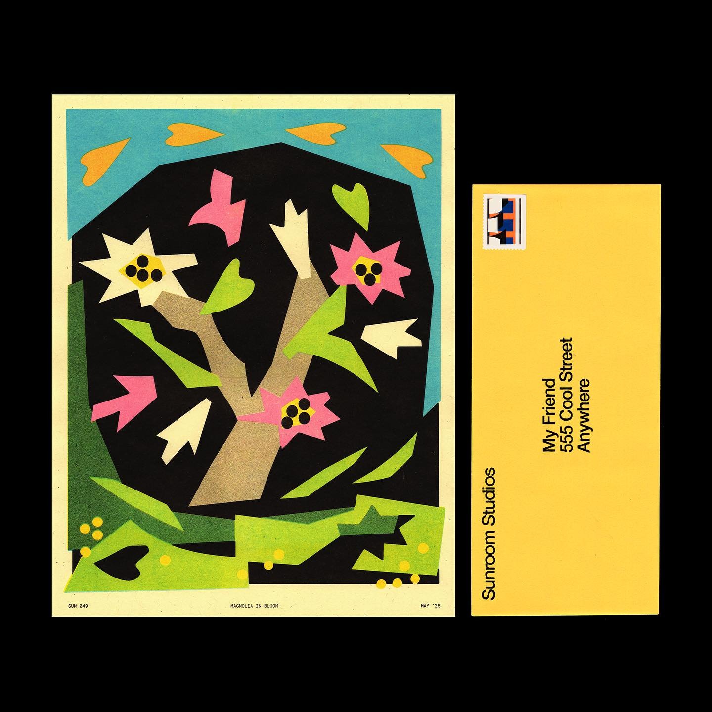 Sunroom's Magnolia in Bloom risograph print beside a yellow mailing envelope