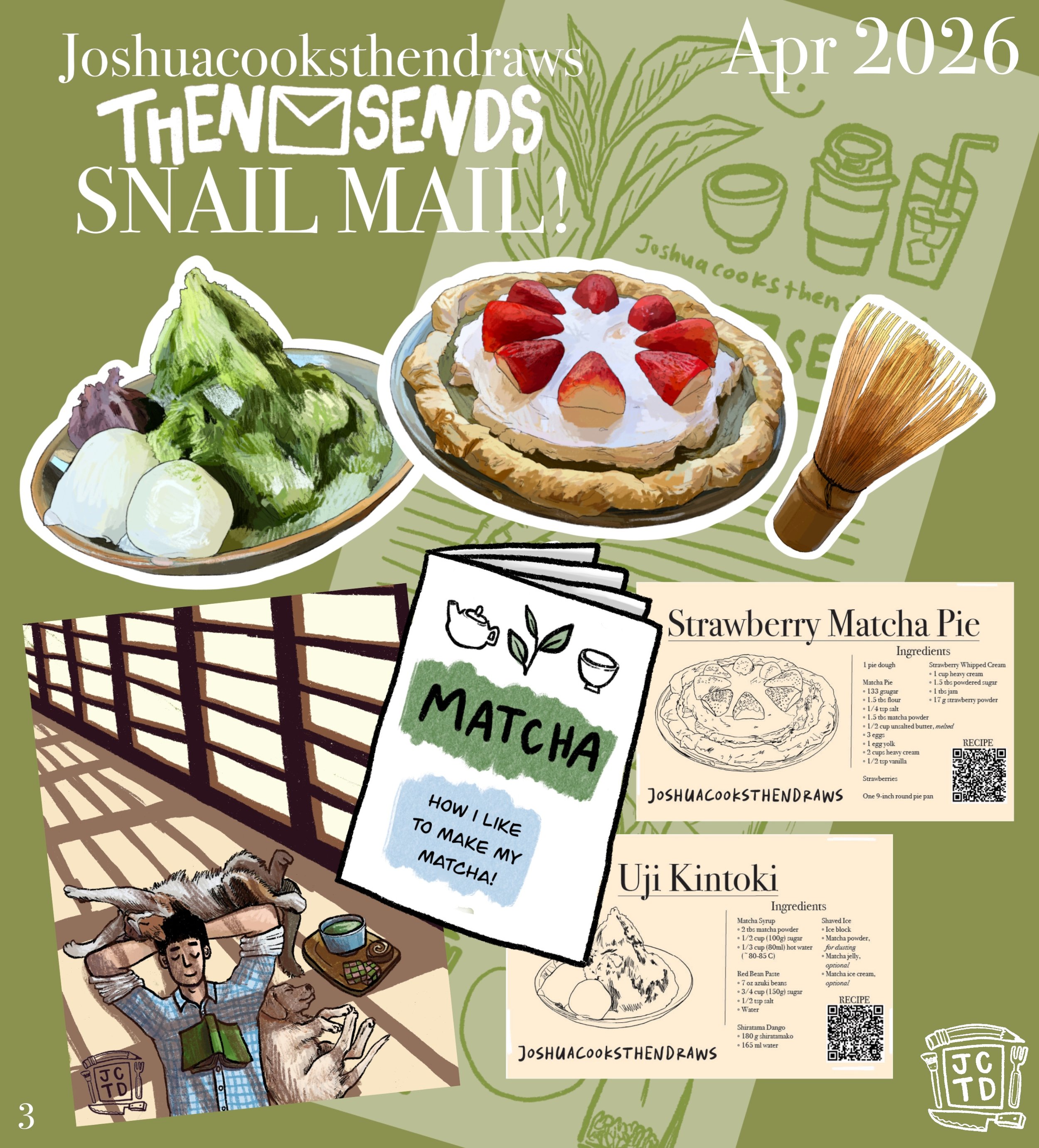 THENSENDS Mail Club — official April 2026 edition preview with matcha desserts, recipes, and artwork of a quiet afternoon with cats