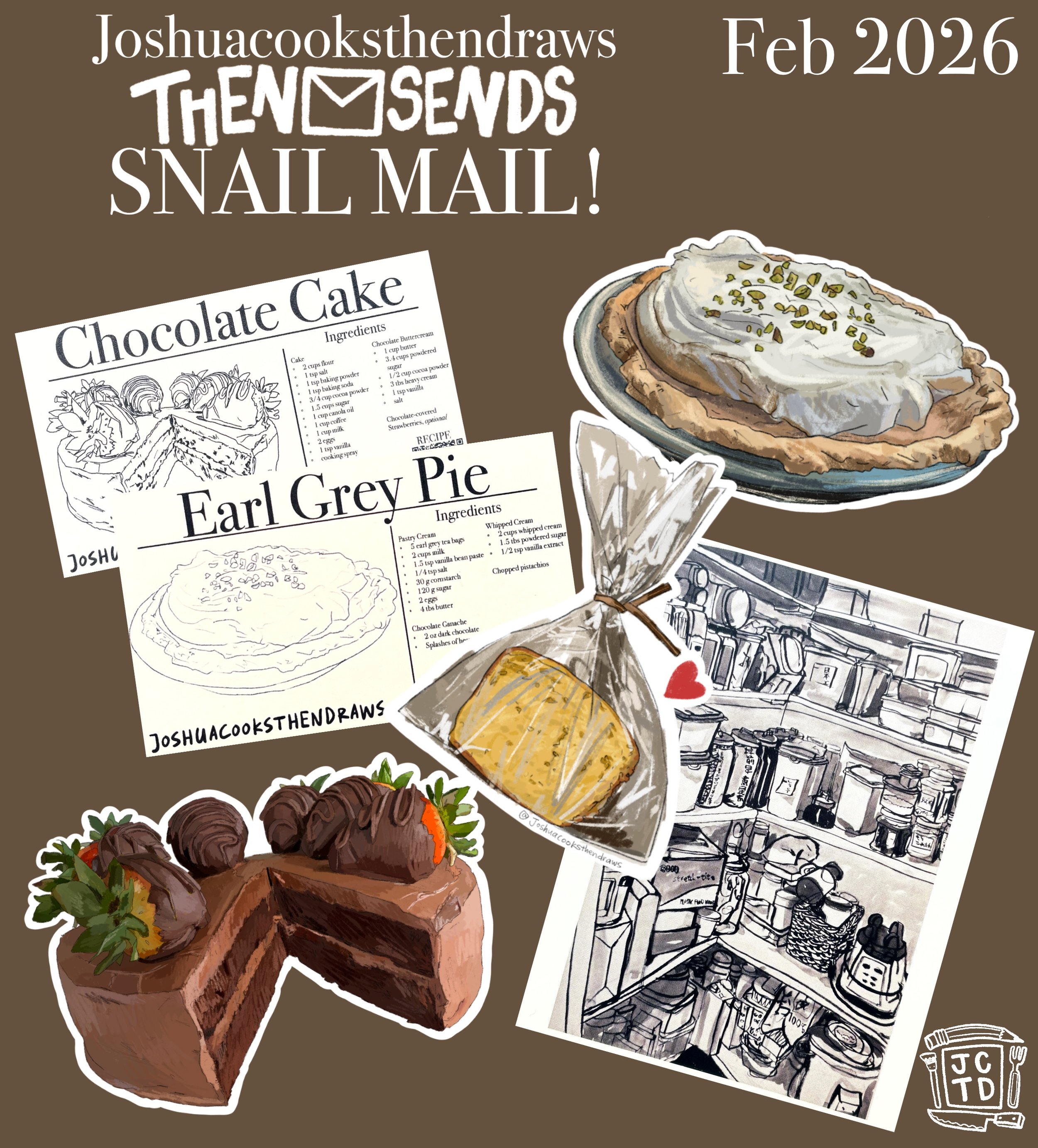 THENSENDS Mail Club — official February 2026 edition preview with chocolate cake, Earl Grey pie, recipe cards, and kitchen artwork