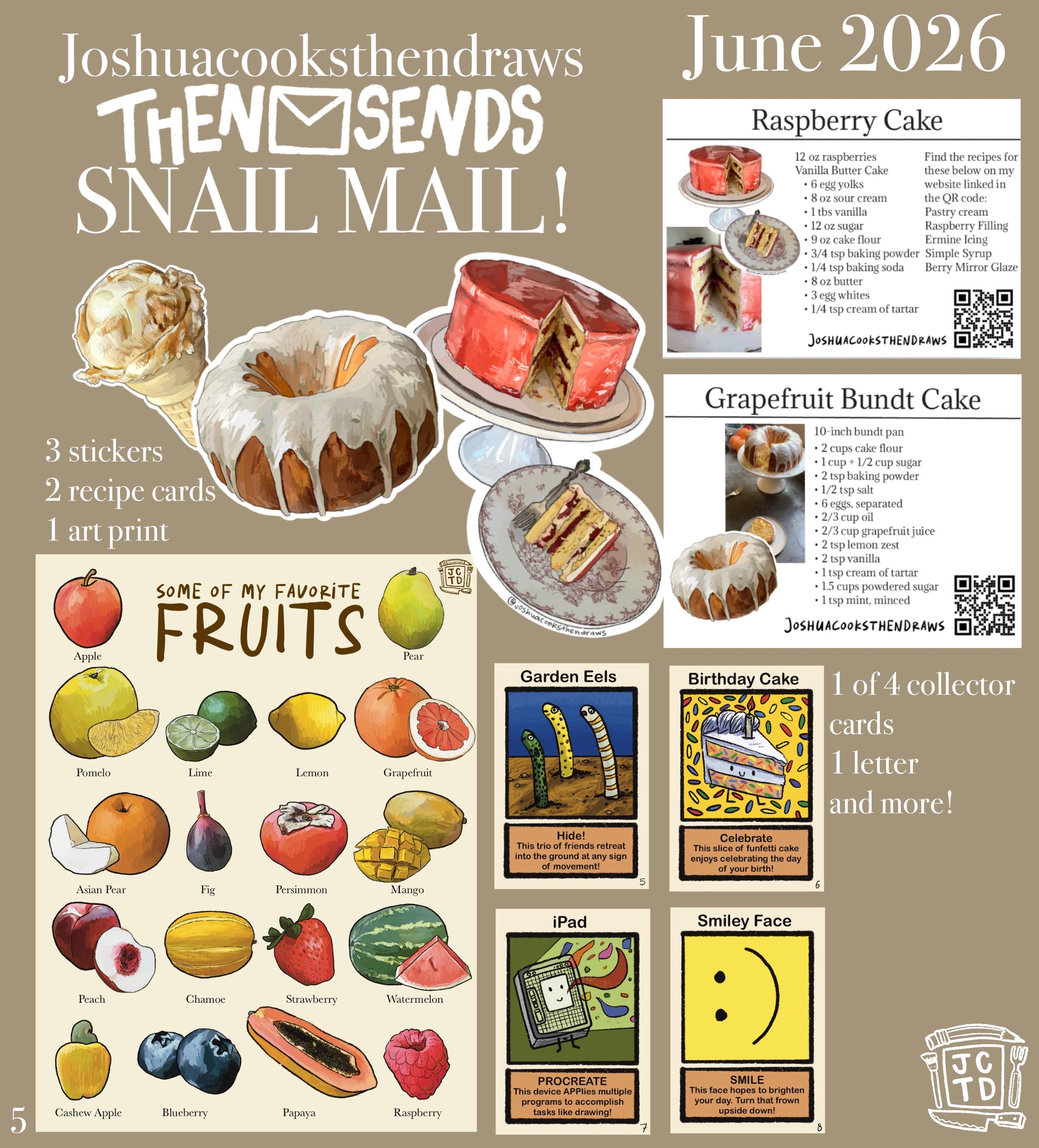 THENSENDS Mail Club — official June 2026 edition preview with cakes, recipe cards, and a fruit art print