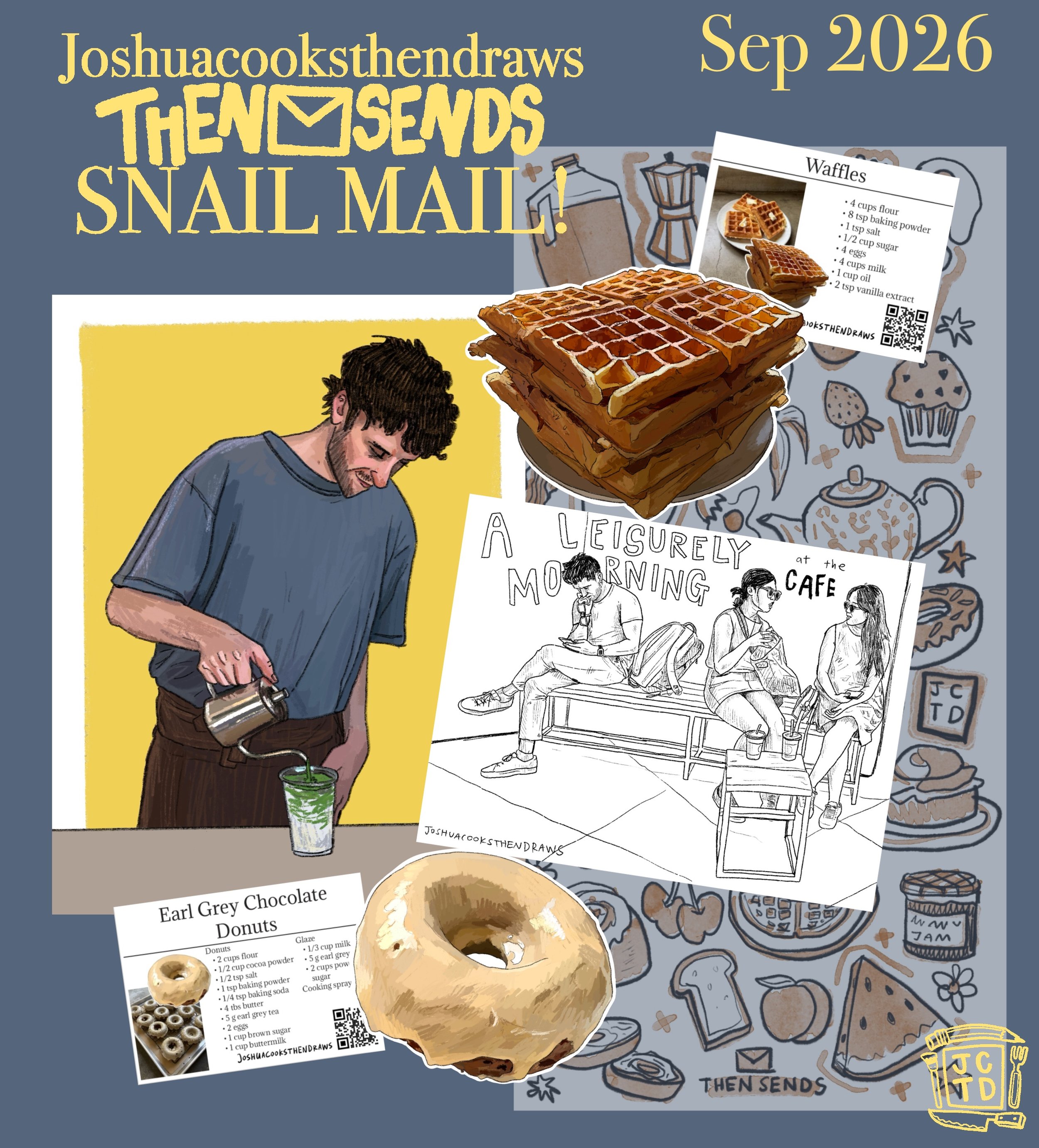 THENSENDS Mail Club — official September 2026 edition preview with waffles, doughnuts, recipes, and café artwork