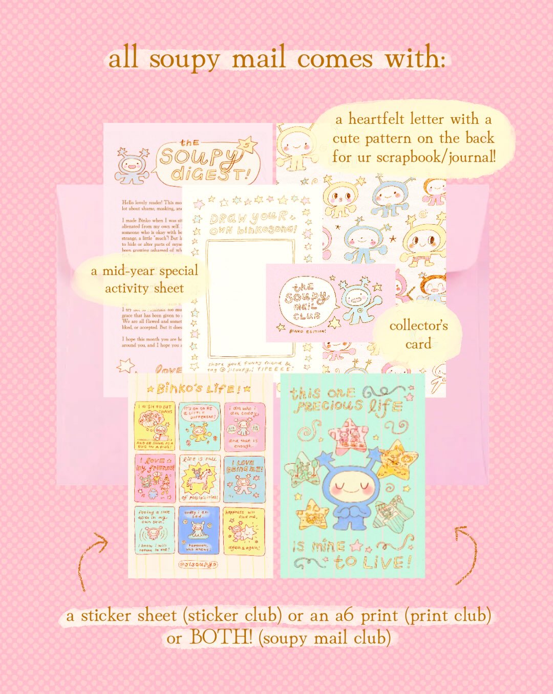 The Soupy Mail Club — Binkomail print, sticker sheet, letter, collector’s card, and special activity sheet