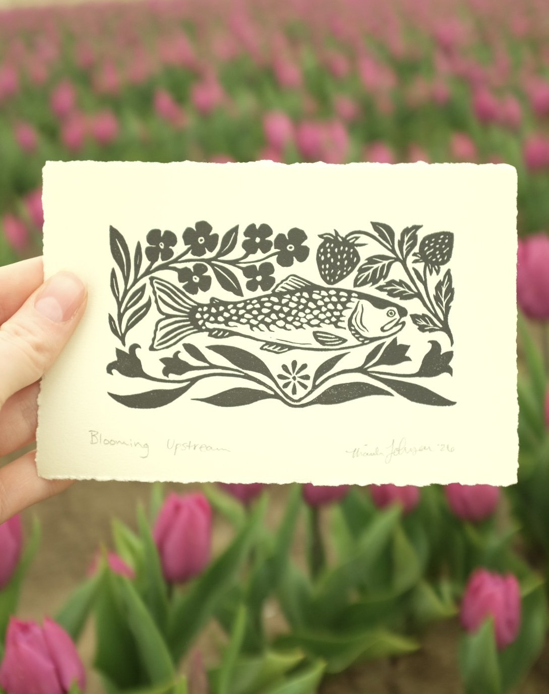 Tiny Stamp Post — Blooming Upstream original fish and flowers block print