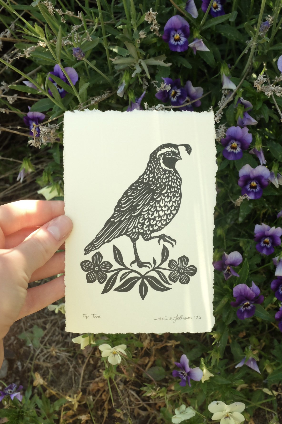 Tiny Stamp Post — Tip Toe original quail block print