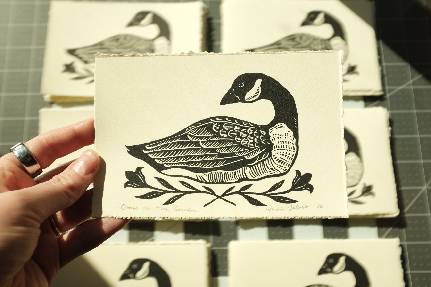 Tiny Stamp Post — Goose in the Garden original block print